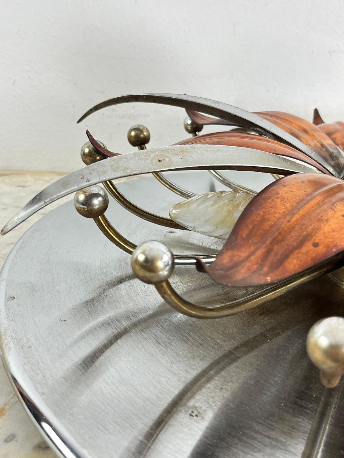 Mid Century Steel And Copper 5 Light Ceiling Light, Made In Italy 1960s photo vintage