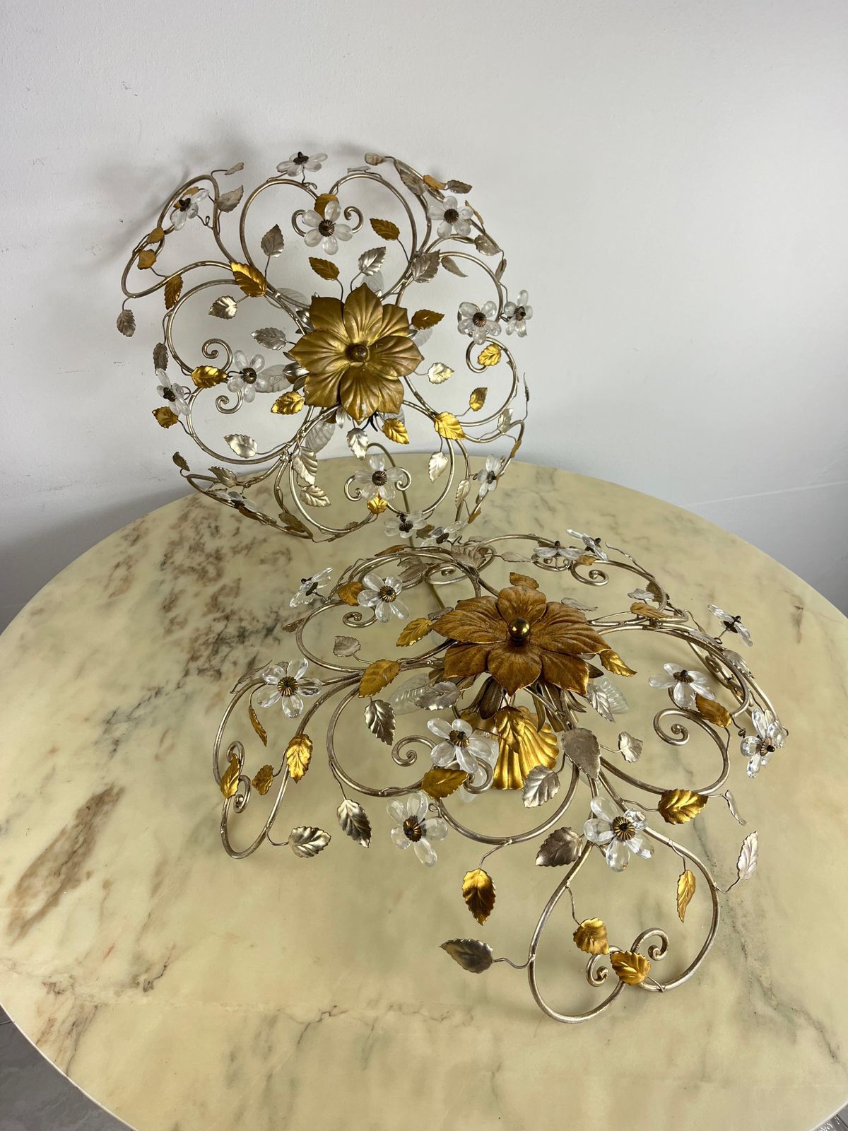 Set Of 2 Large Mid Century Maison Baguès Crystal And Iron Ceiling Lights photo Lighting