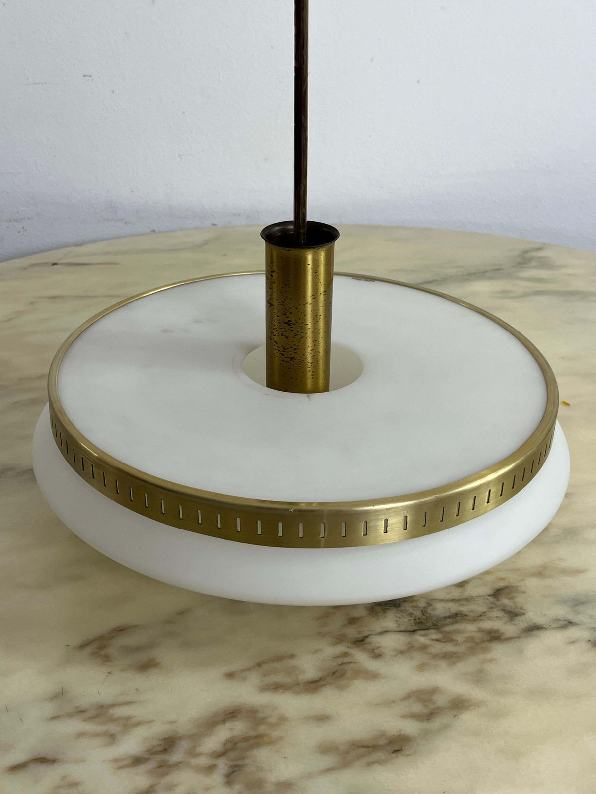 Mid Century Stilux Milano Chandelier In Opaline Glass, Perspex And Brass 1960s photo vinterior