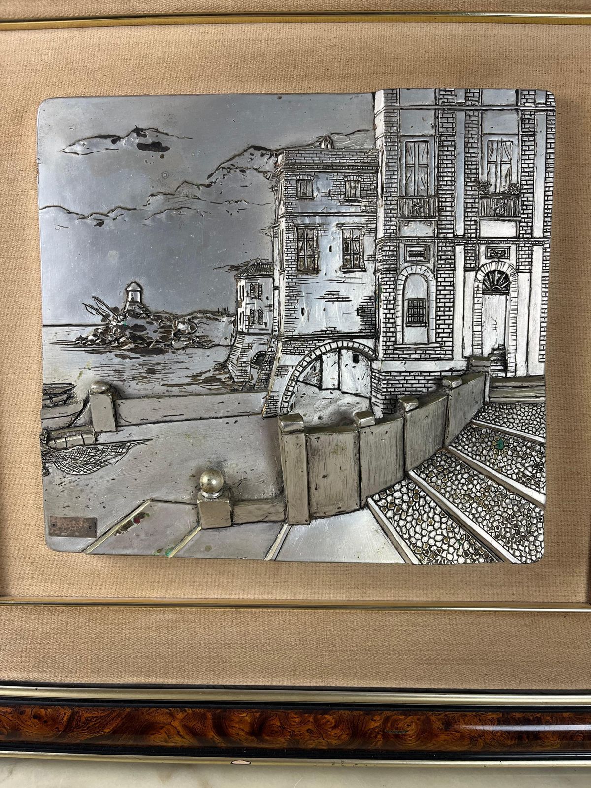 Art Pair Of Three Dimensional Vintage Patinated Silver Paintings, Italy, 1970s photo