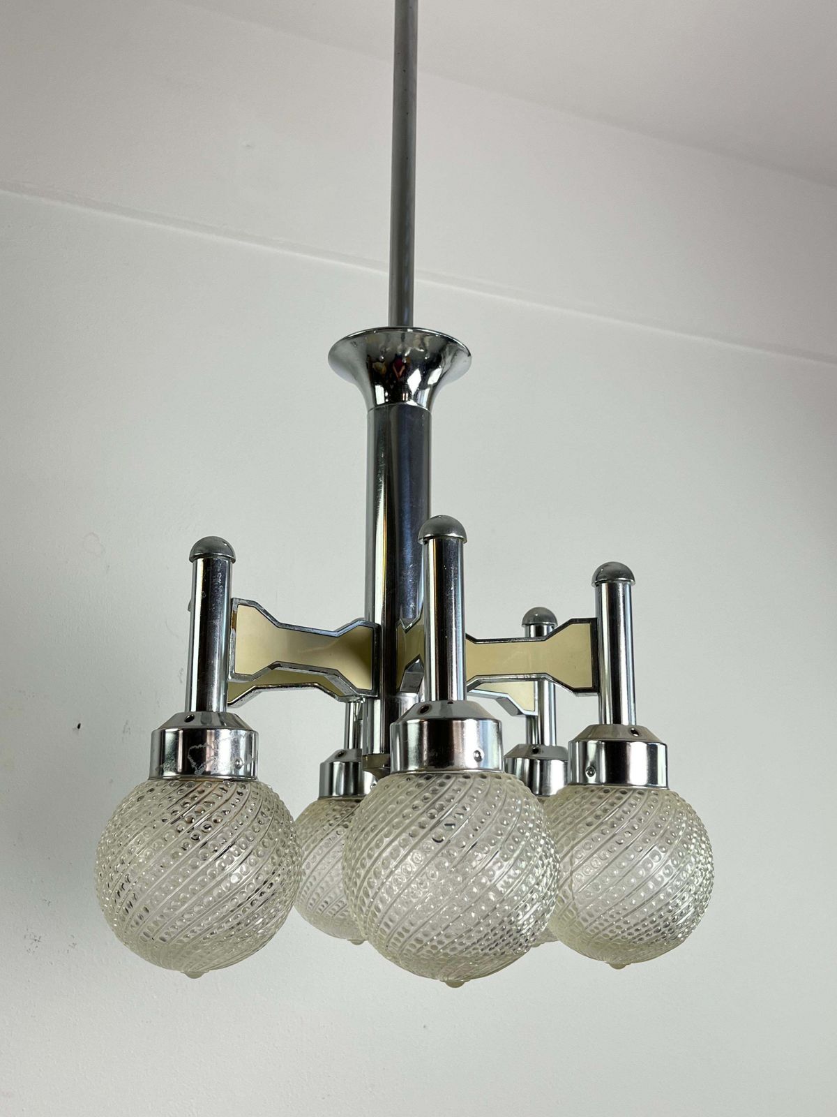 photo furniture Vintage Six Light Steel And Murano Glass Chandelier Attributed To L. Frigerio