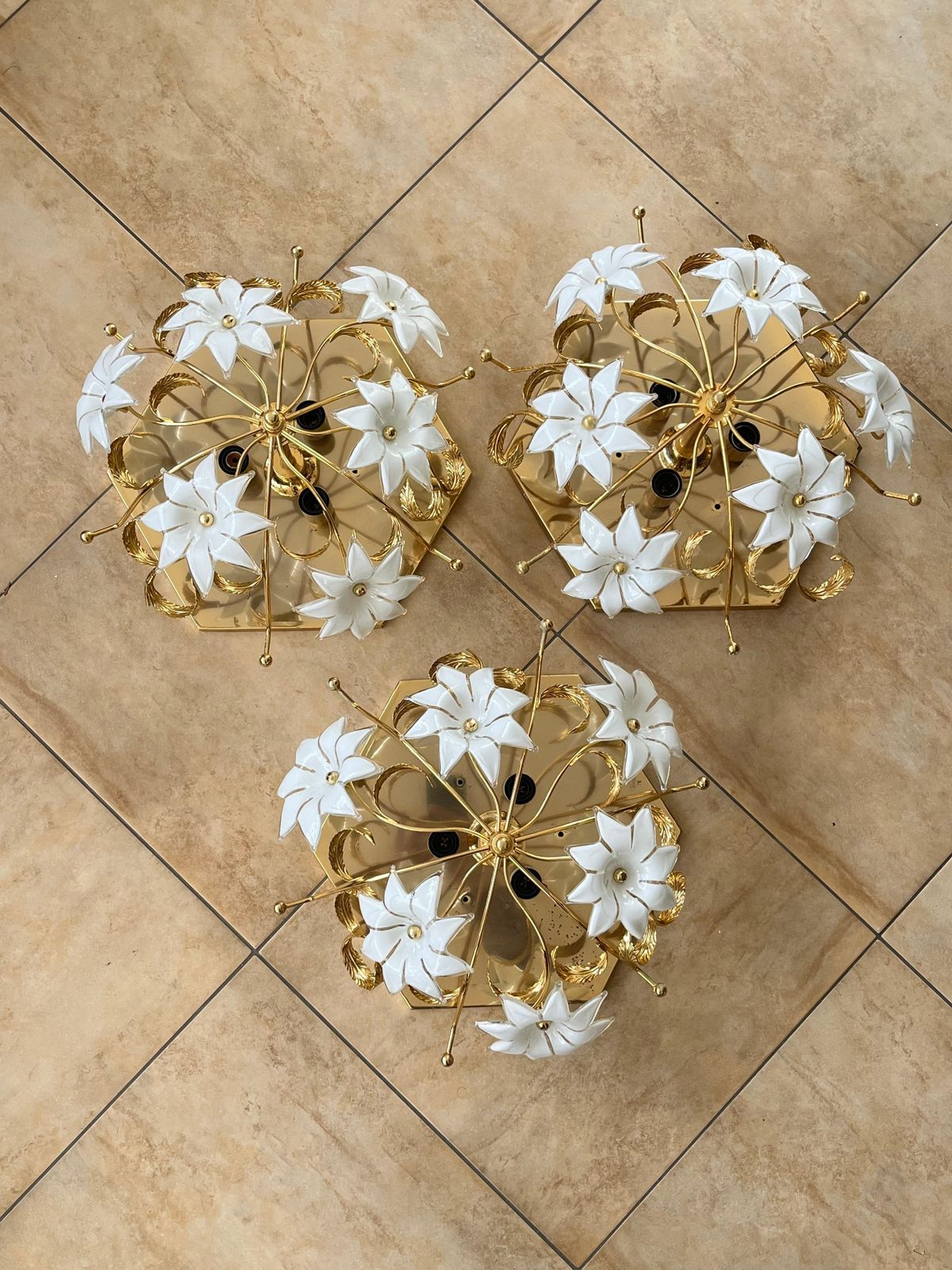 Set Of 3 Midcentury Floral Murano Glass Ceiling Lights, 1960s photo furniture