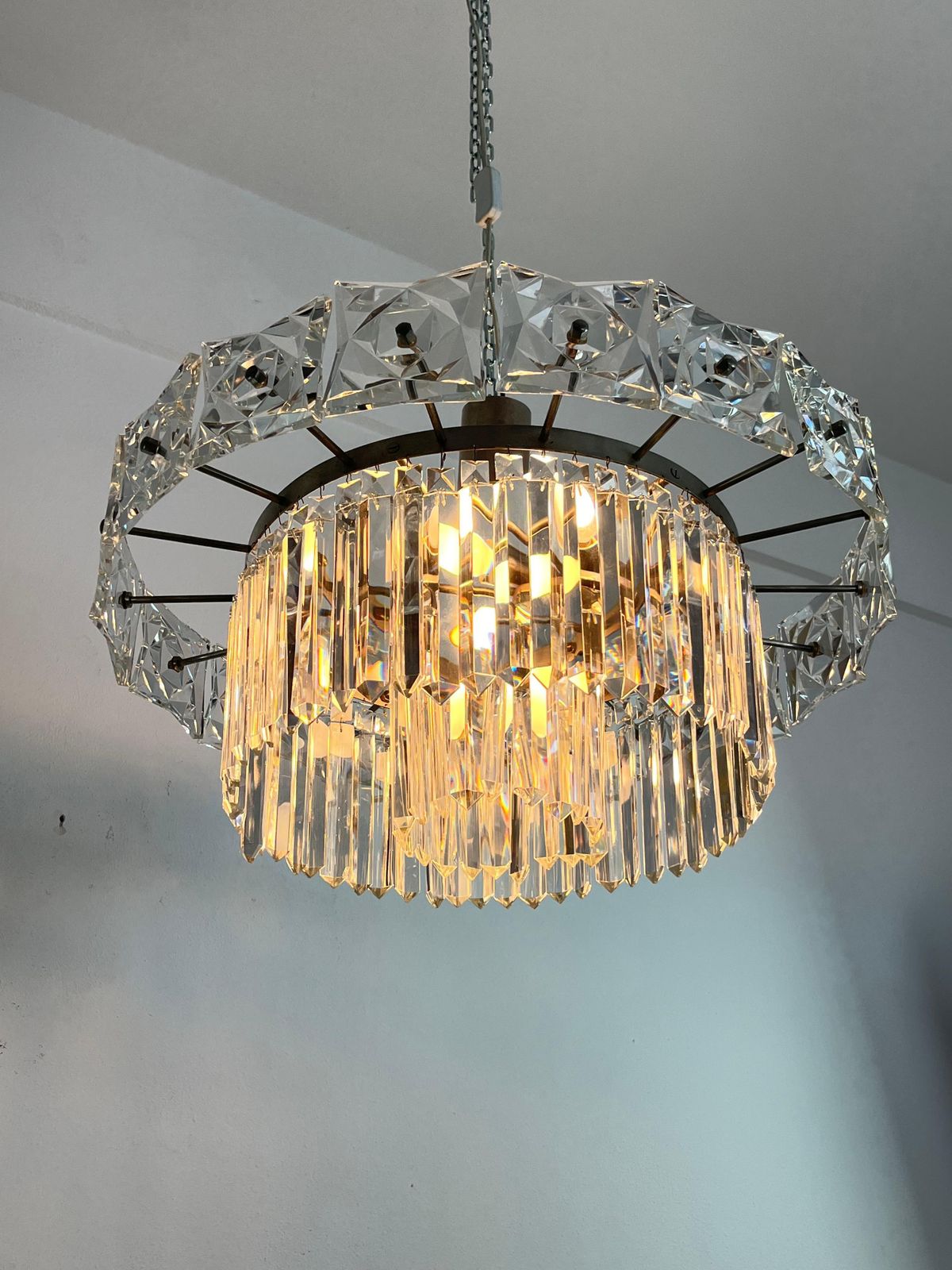 Mid Century French 7 Light Chandelier With Crystals, 1960s photo for sale