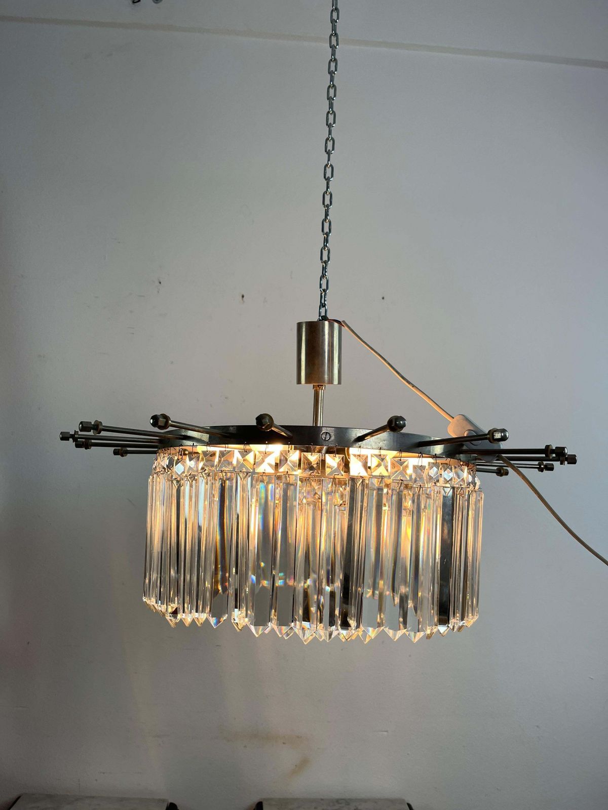 photo furniture Mid Century French 7 Light Chandelier With Crystals, 1960s