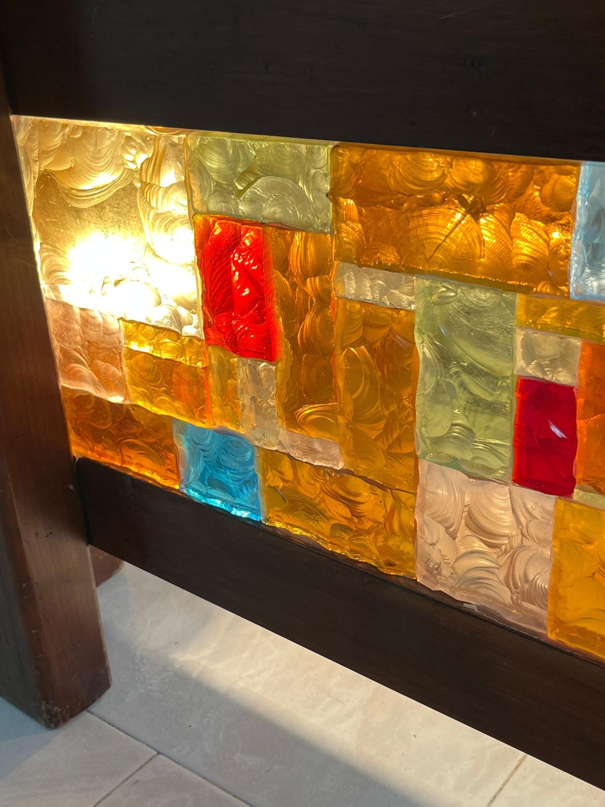 photo for sale 4 Light Coffee Table In Wood And Multicolor Mosaic Glass, Italy, 1980s