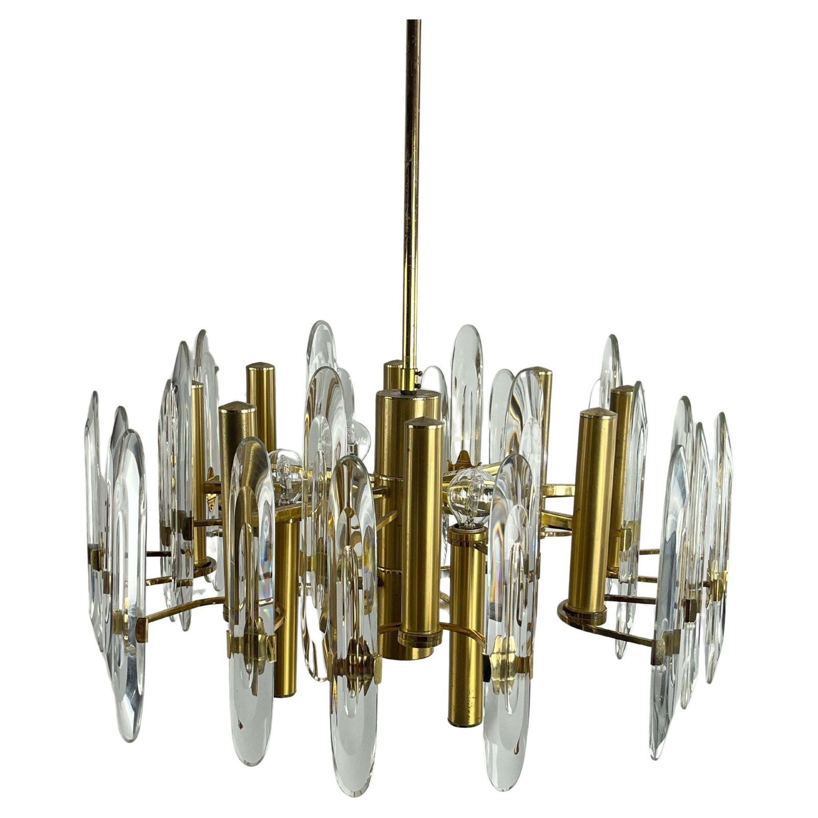 Italian Mid Century Sciolari 12 Light Brass And Crystal Chandelier