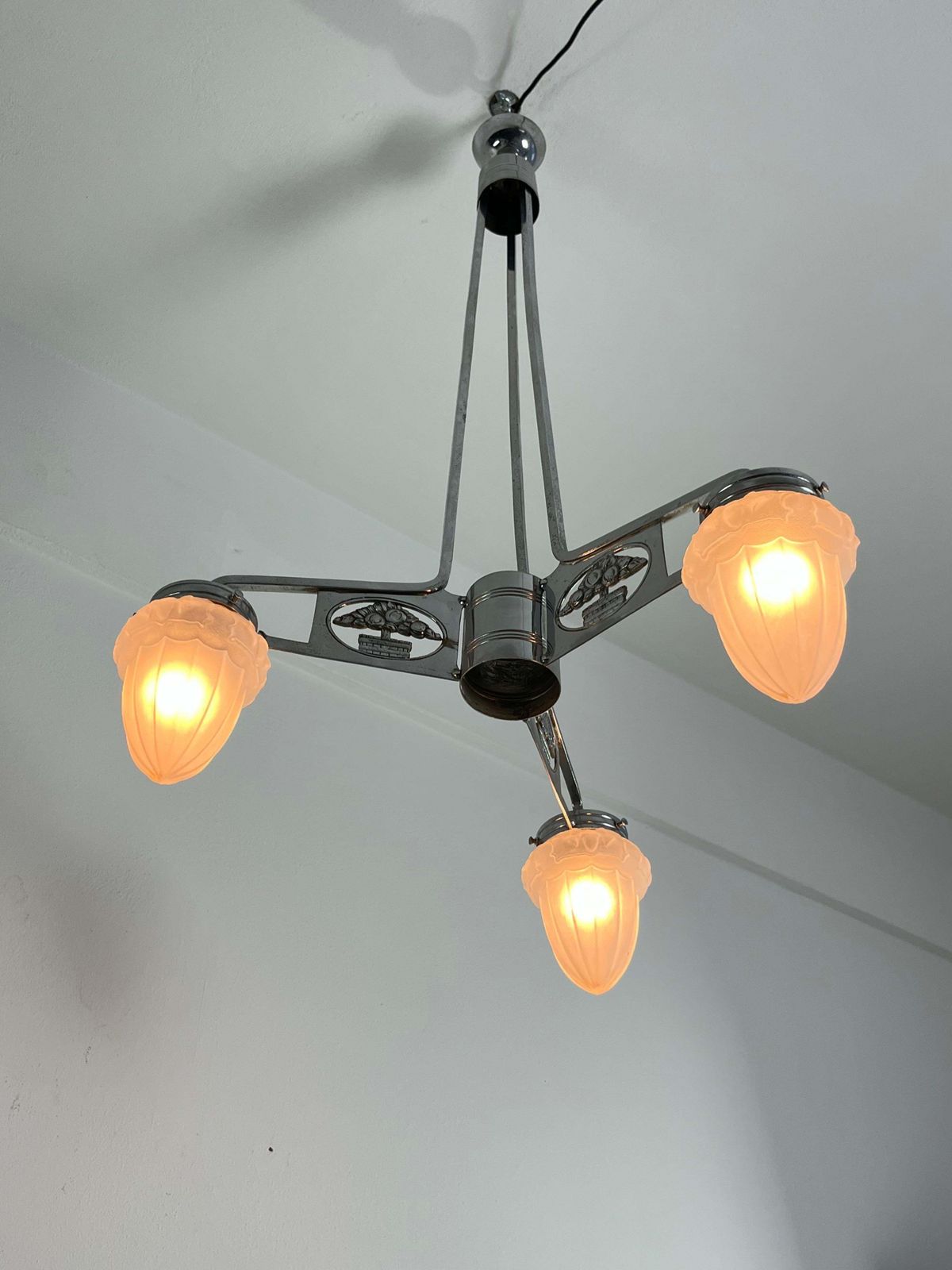 Art Deco Chandelier In Nickel Plated Bronze Attributed To P. Maynadier 1930s photo for sale