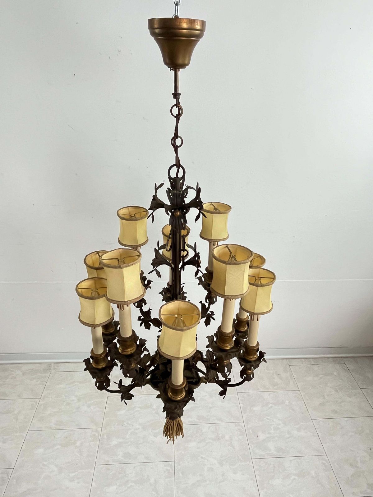 Prestigious Set Of 2 French 10 Light Chandeliers In Wrought Iron And Brass, 1980 photo for sale