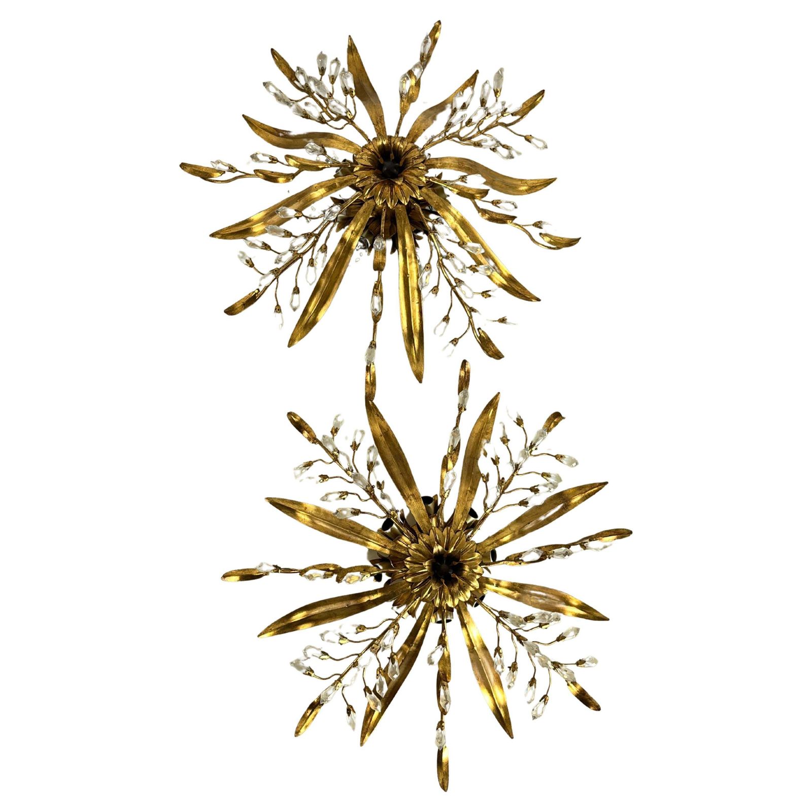Set Of 2 Large 8 Light Mid Century Maison Baguès Crystal And Iron Ceiling Lights