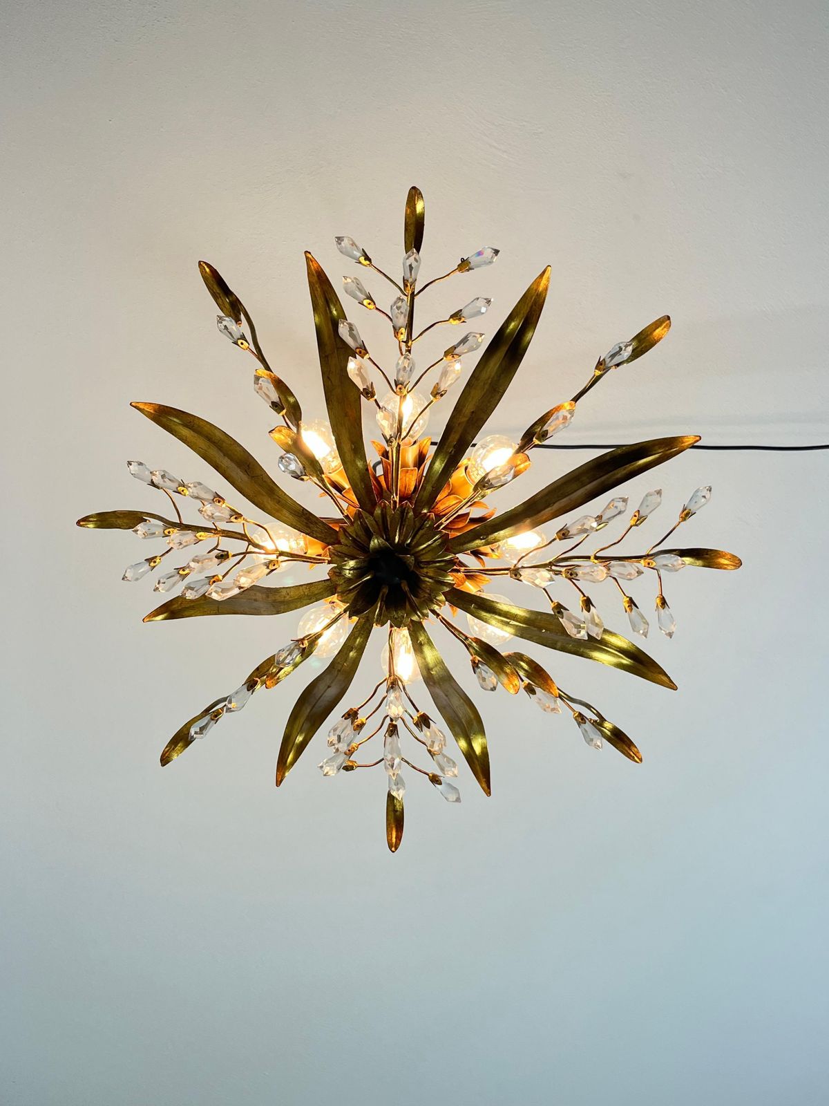 Set Of 2 Large 8 Light Mid Century Maison Baguès Crystal And Iron Ceiling Lights photo for sale