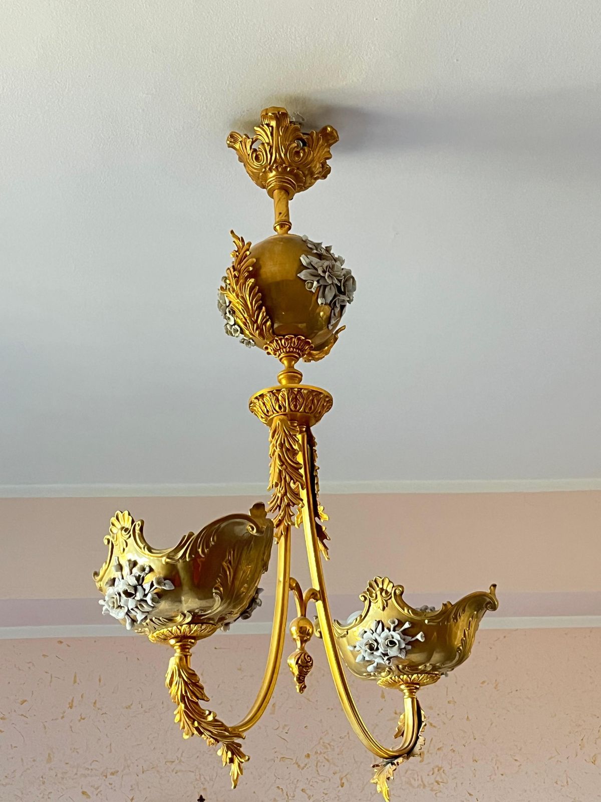 Large Two Light Brass And Porcelain Chandelier, Italy, 1980s photo 2988.0