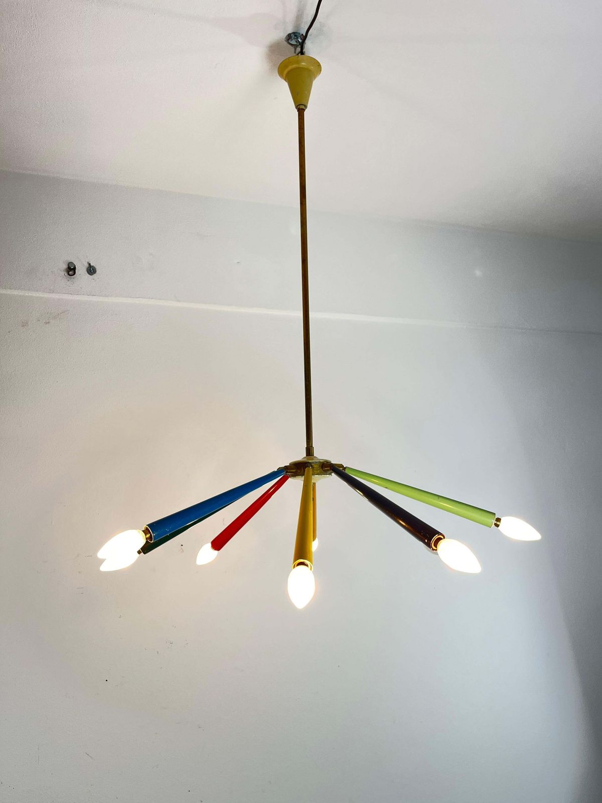 Mid Century Sputnik Chandelier 8 Brass Arms, Colored Enamels, Arredoluce 1950s photo for sale