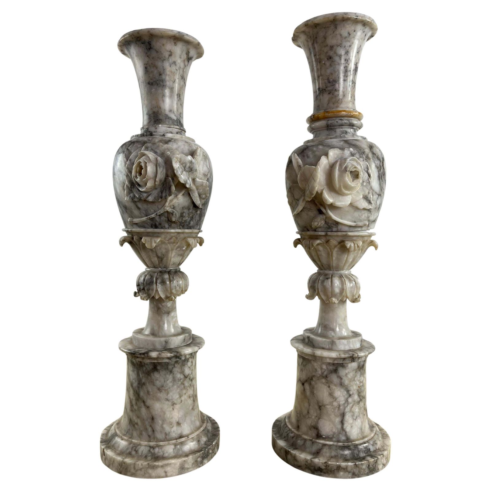 Set Of 2 Large Italian Alabaster Vases Mid Century 1930s