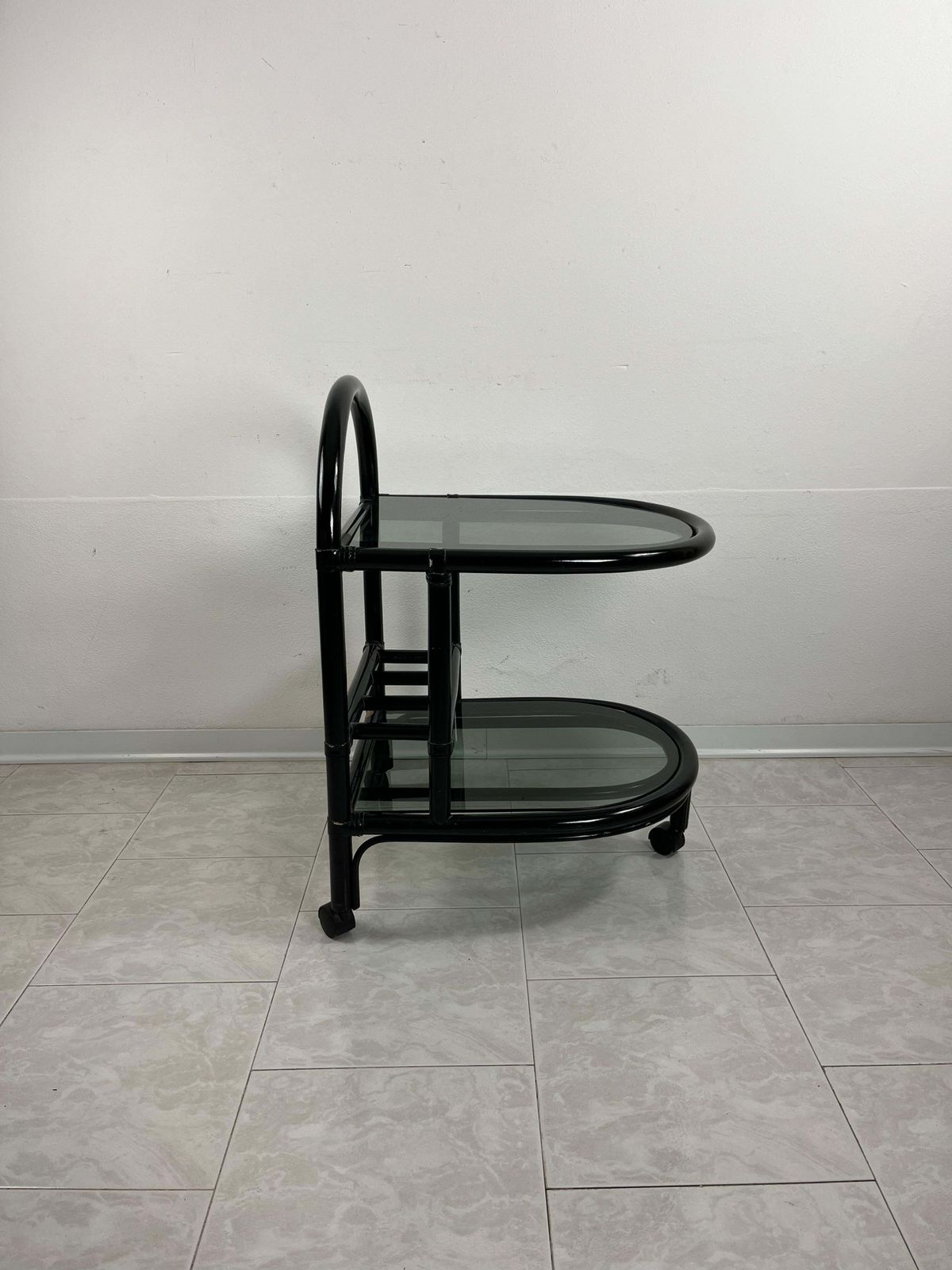 Mid Century Italian "Roberti" Bamboo Bar Cart With 2 Smoked Glass Tops, 1960s photo for sale