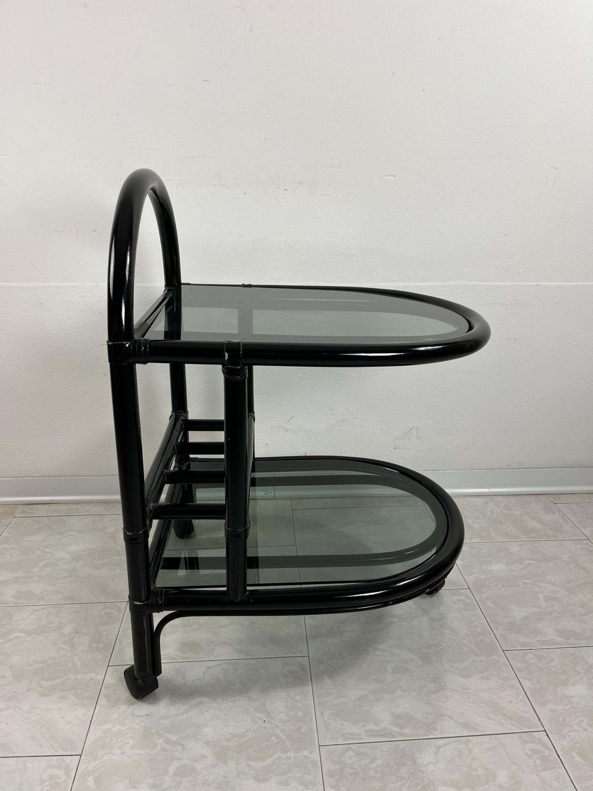 Mid Century Italian "Roberti" Bamboo Bar Cart With 2 Smoked Glass Tops, 1960s photo Home Decor