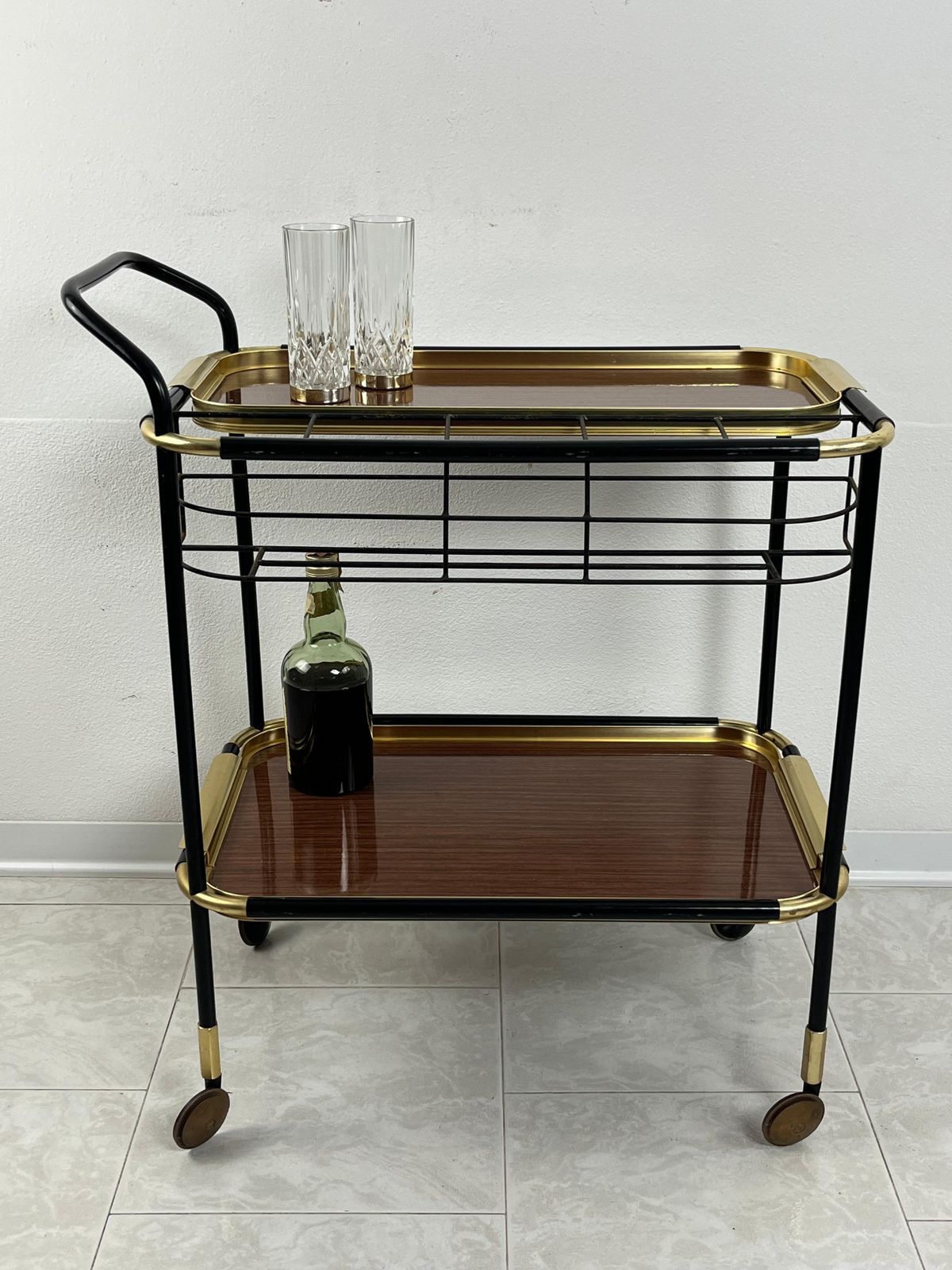 Mid Century Brass Bar Cart In The Style Of Ico Parisi Removable Trays 1960s photo furniture