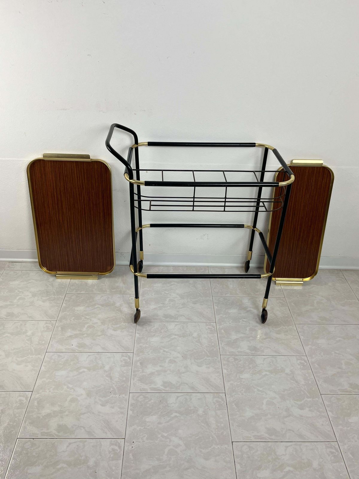Mid Century Brass Bar Cart In The Style Of Ico Parisi Removable Trays 1960s photo vinterior