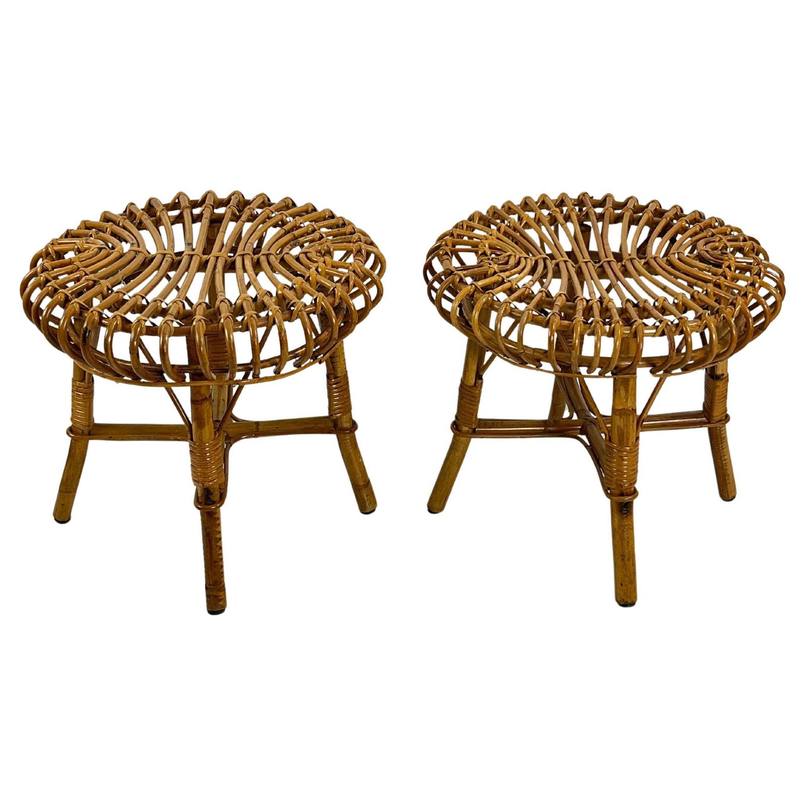 Set Of 2 Mid Century Bamboo Stools Attributed To Franco Albini, 1960s