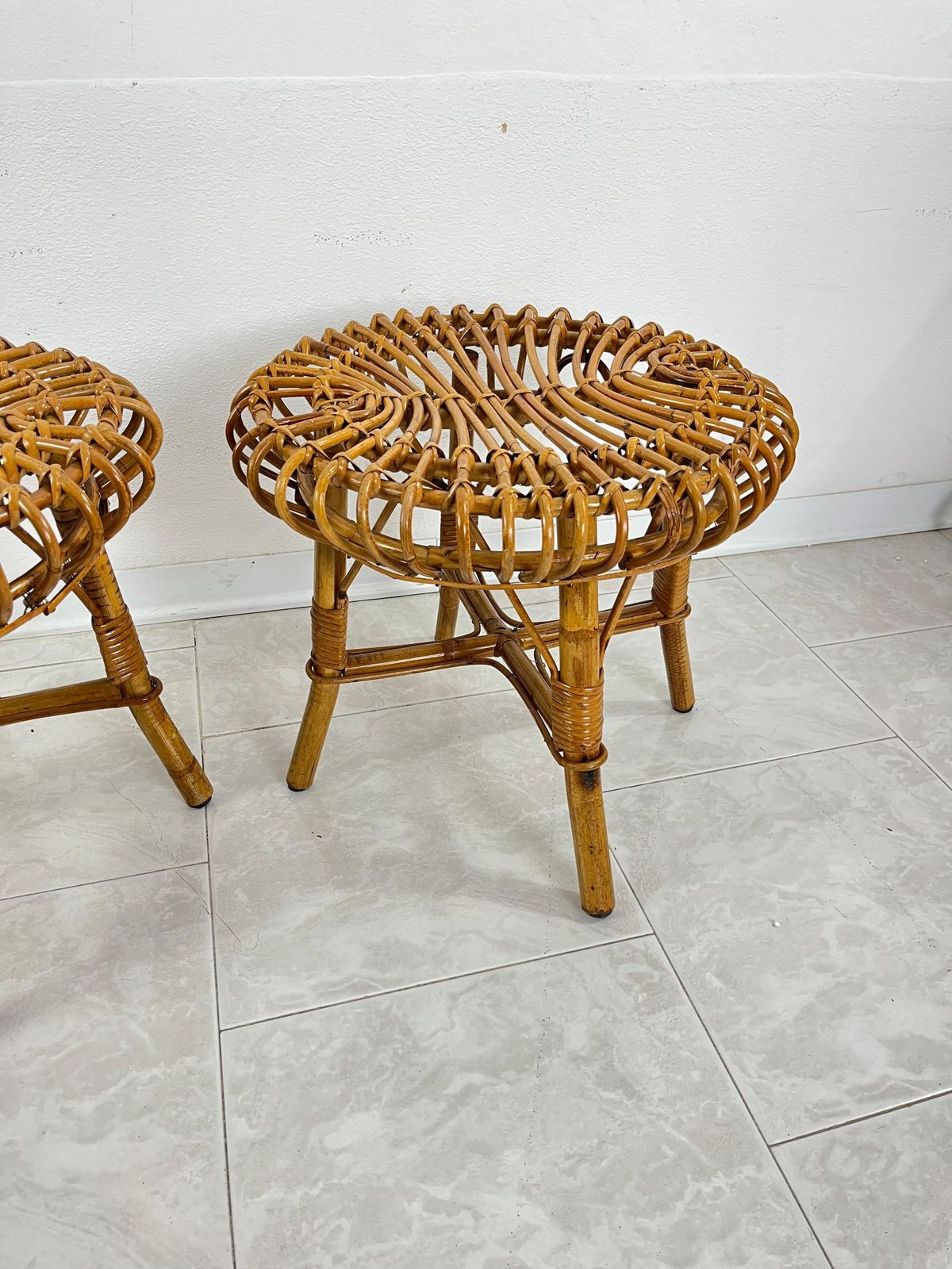 Set Of 2 Mid Century Bamboo Stools Attributed To Franco Albini, 1960s photo for sale