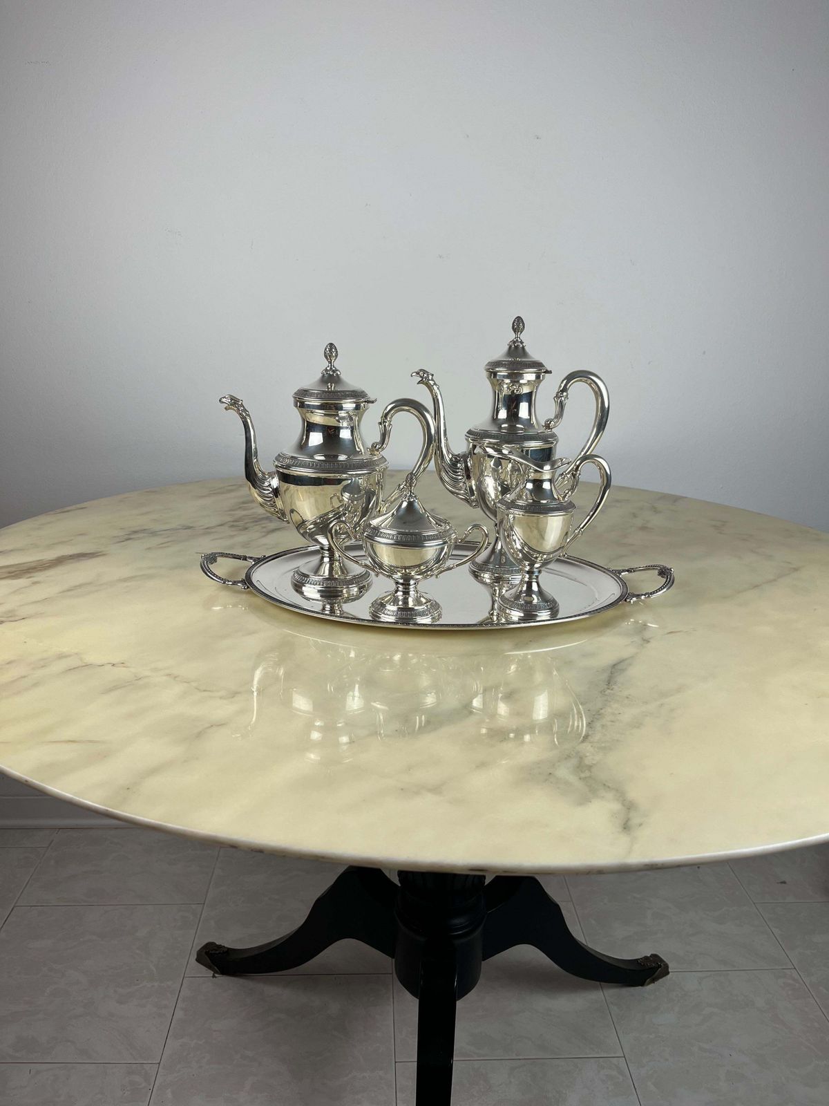 4 Piece Tea And Coffee Service Plus Tray, Empire Style, 800 Silver, Italy, 1980 photo furniture