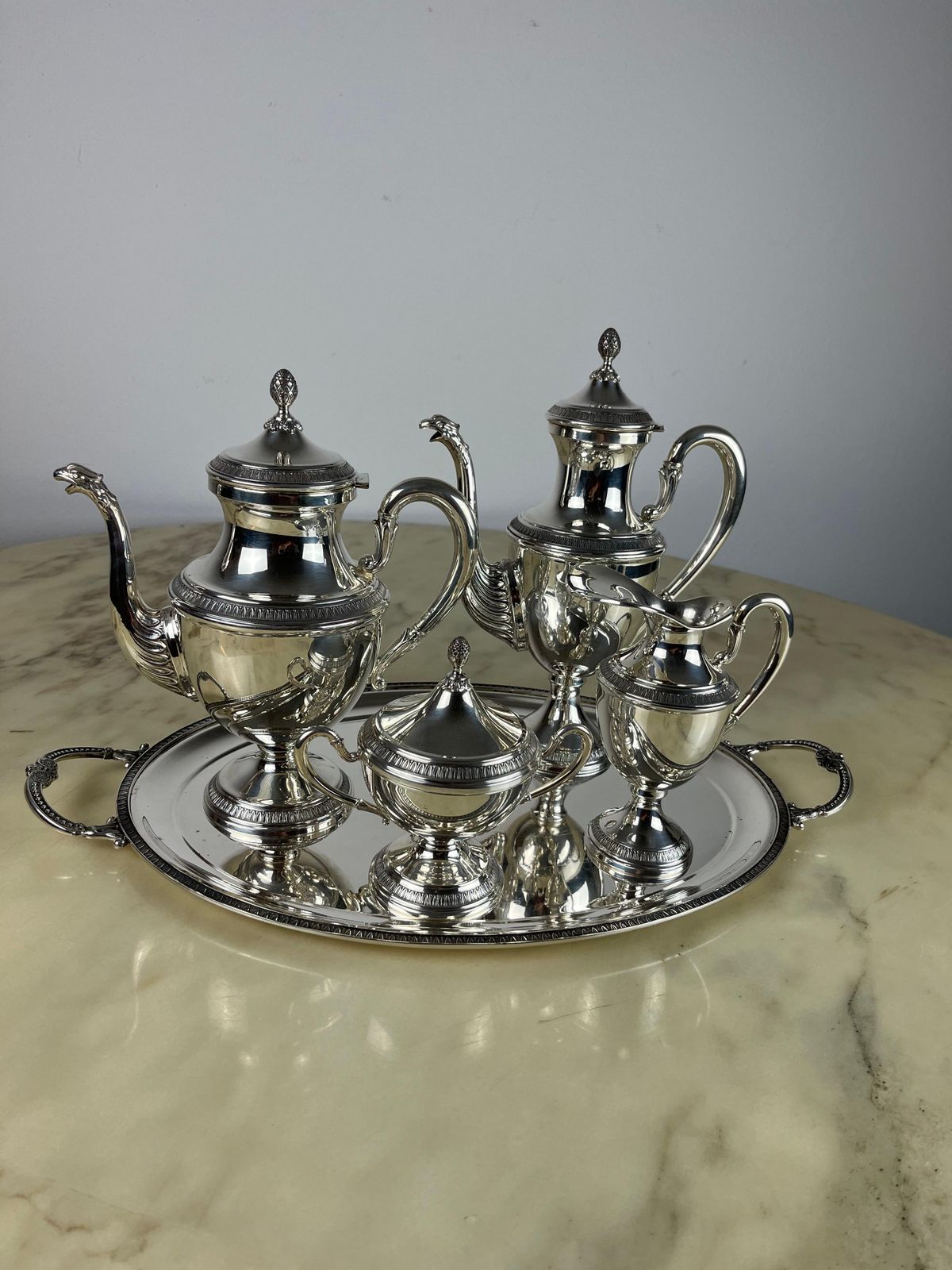 4 Piece Tea And Coffee Service Plus Tray, Empire Style, 800 Silver, Italy, 1980 photo for sale