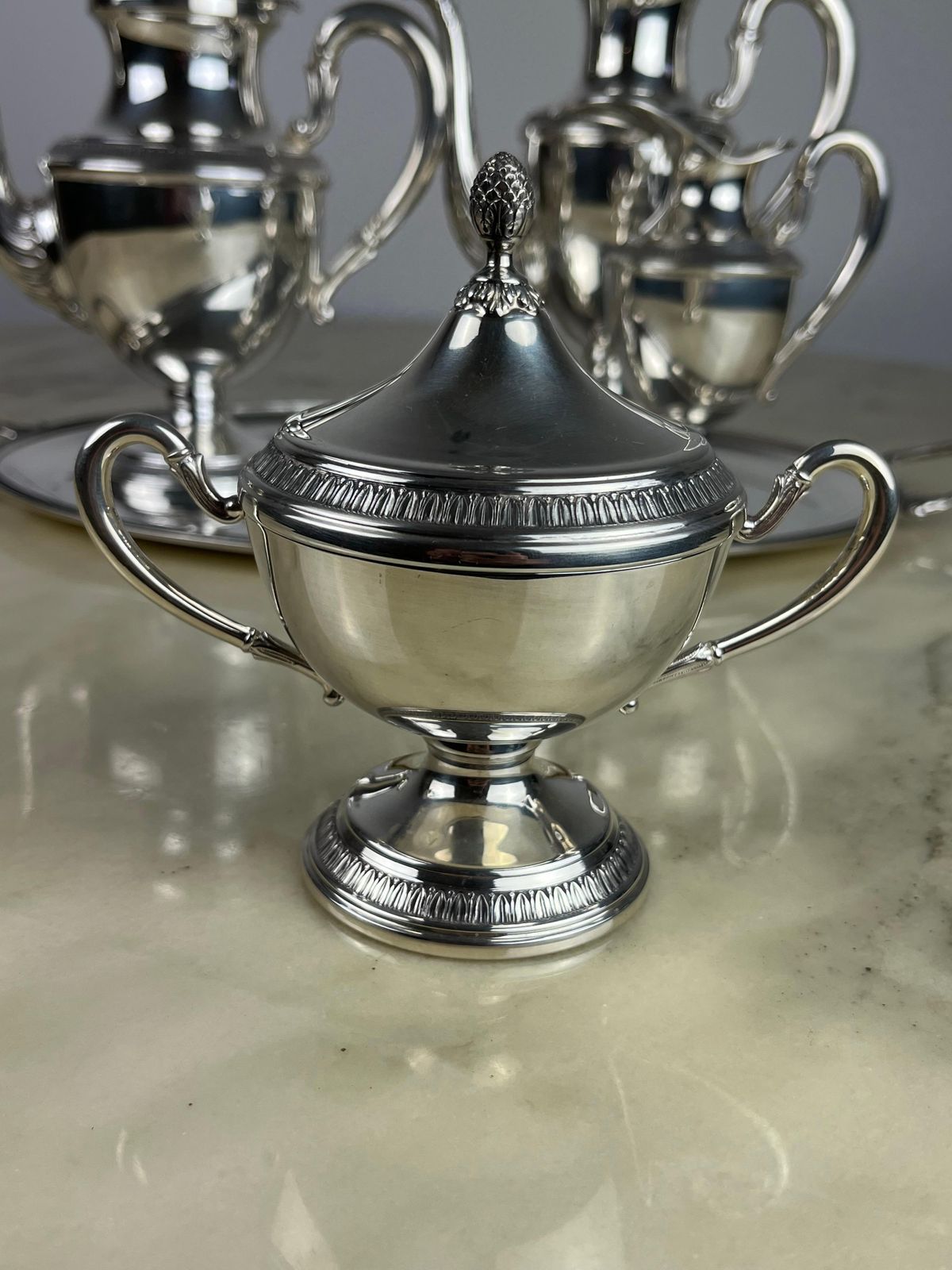 4 Piece Tea And Coffee Service Plus Tray, Empire Style, 800 Silver, Italy, 1980 photo Home Decor