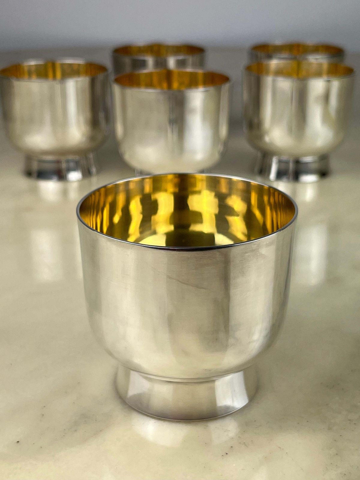photo for sale Set Of Six Glasses In 800 Silver With Internal Gilding, Italy, 1980s