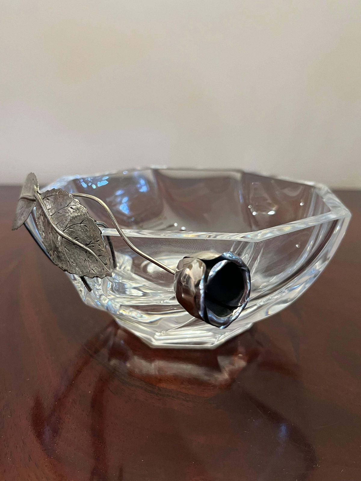 Crystal Ashtray/Valet Tray With Handcrafted 800 Silver Flower, Italy, 1990s photo for sale