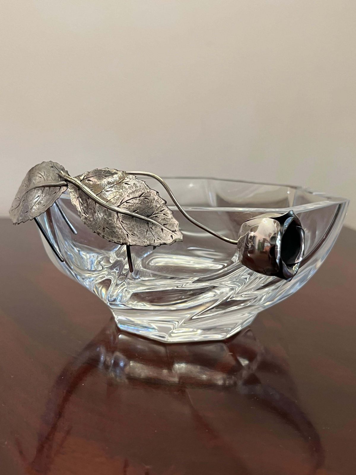 Crystal Ashtray/Valet Tray With Handcrafted 800 Silver Flower, Italy, 1990s photo 427.0