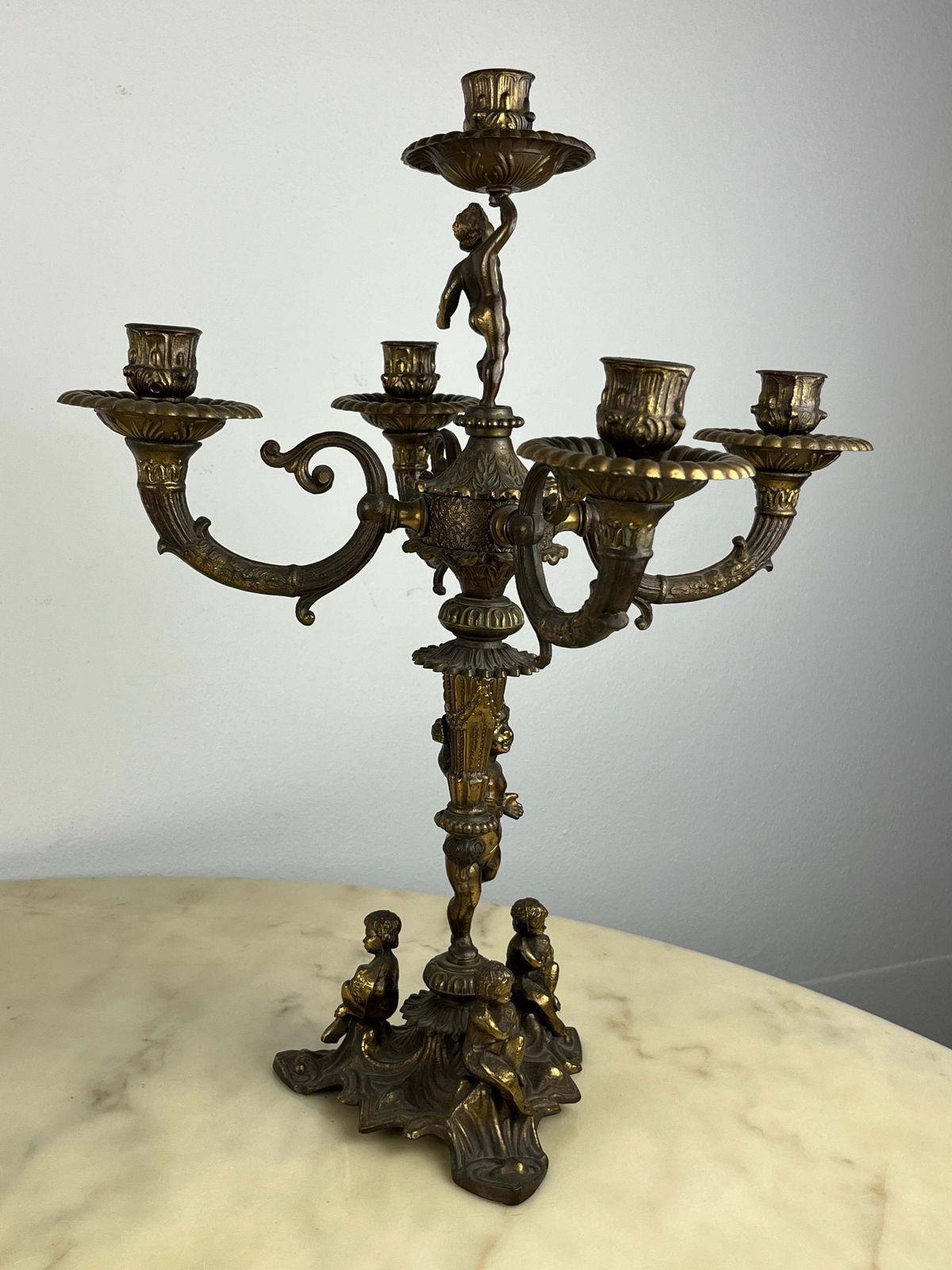 Pair Of 5 Flame Bronze Candelabra, Italy, 1960s photo vintage