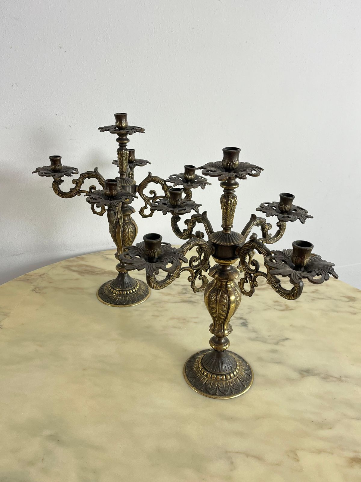 Set Of 2 Large Mid Century Bronze 5 Flame Candlesticks 1960s photo Home Decor
