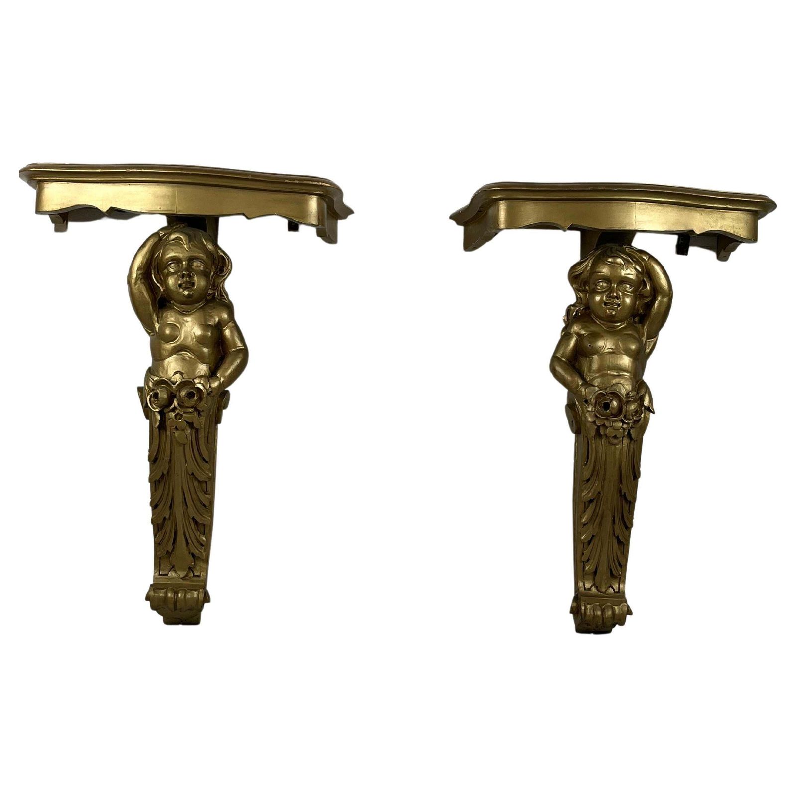 Set Of 2 Mid Century Gilded Wood Wall Consoles, 1940s