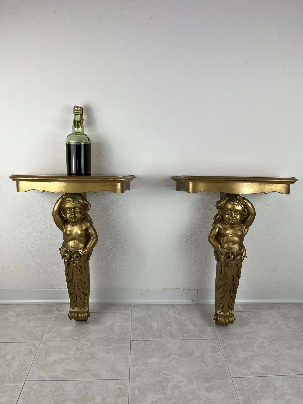 Set Of 2 Mid Century Gilded Wood Wall Consoles, 1940s photo furniture