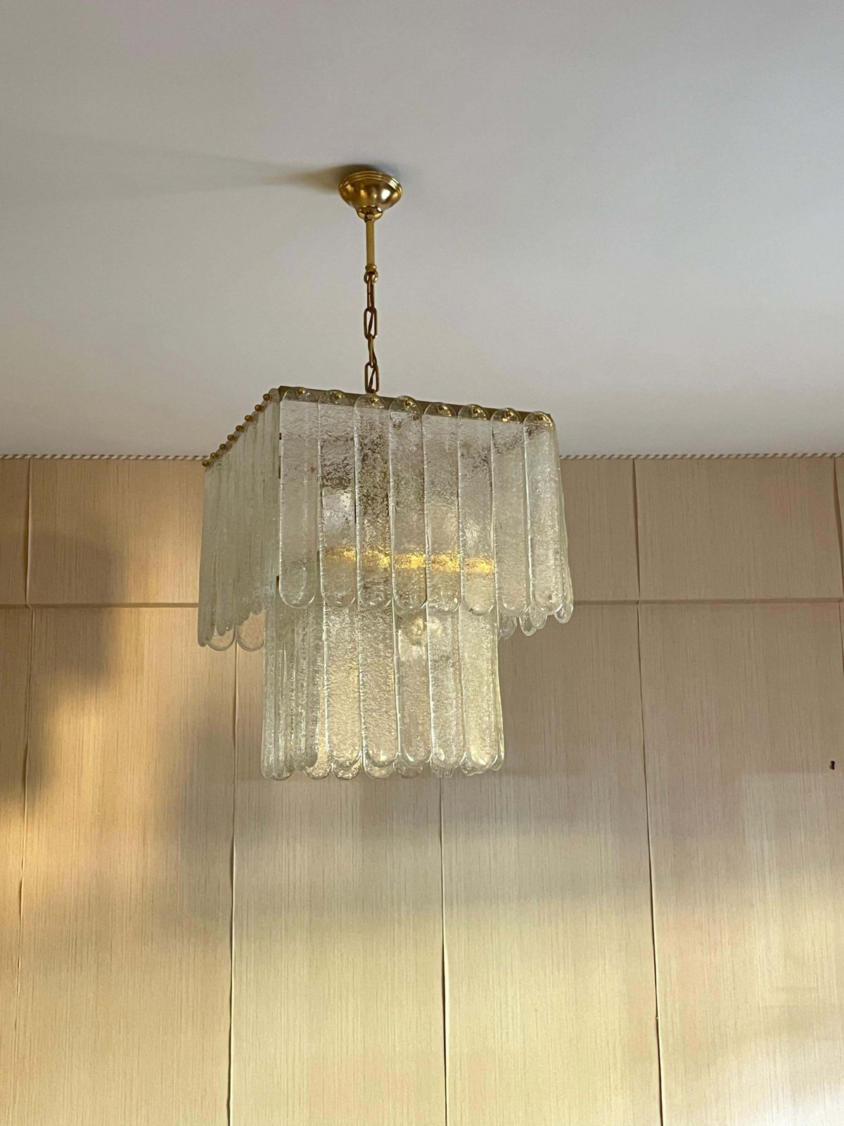 photo for sale Set Of 2 Mid Century Monumental Murano Glass And Brass Chandeliers, 1960s