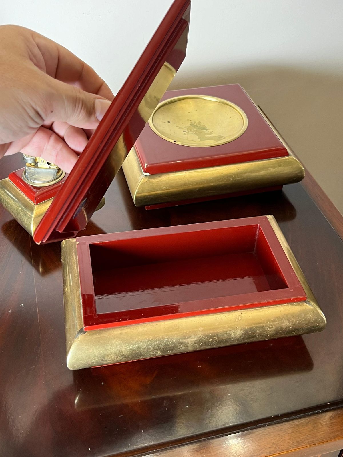 3 Piece Smoking Set In Brass And Enamelled Wood, Made In Italy, 1970s photo furniture