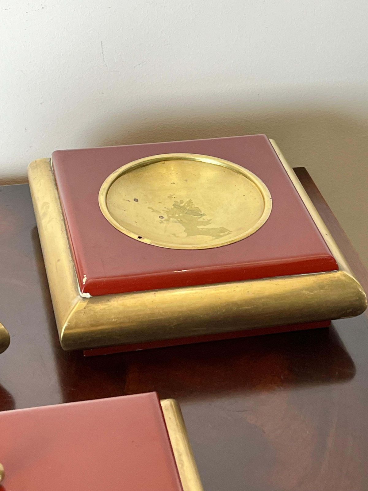 3 Piece Smoking Set In Brass And Enamelled Wood, Made In Italy, 1970s photo for sale