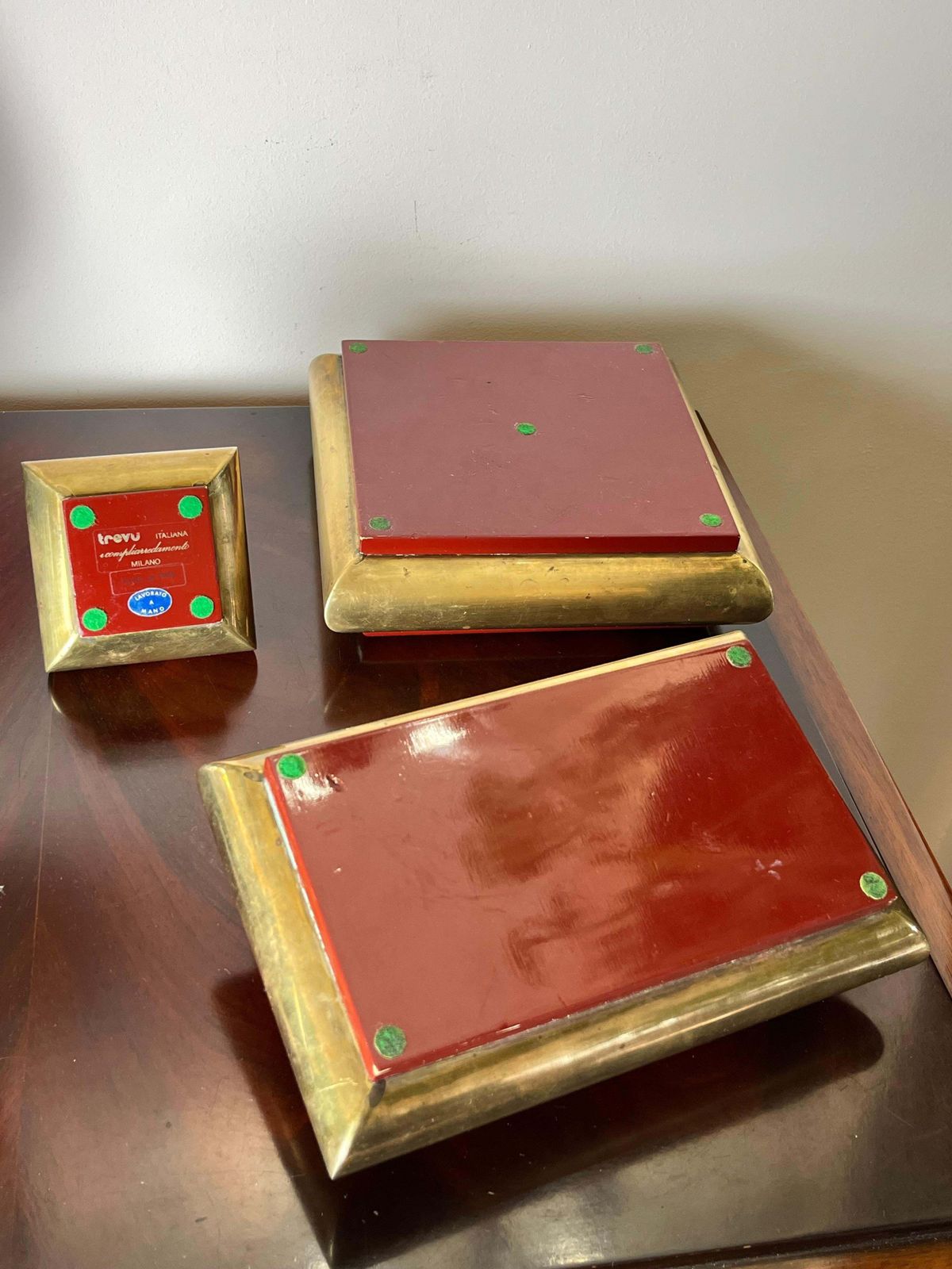 3 Piece Smoking Set In Brass And Enamelled Wood, Made In Italy, 1970s photo vinterior