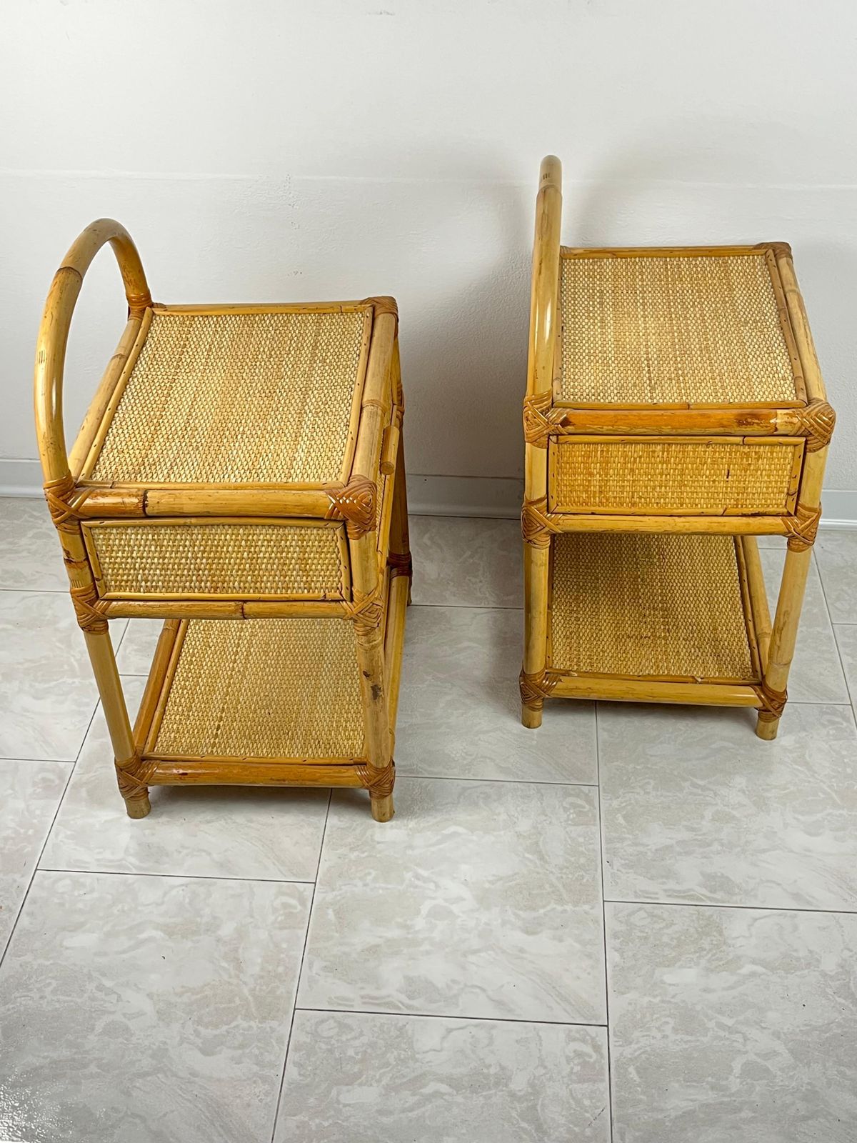 Pair Of Vintage Italian  Bamboo And Rattan Bedside Tables 1970s photo for sale