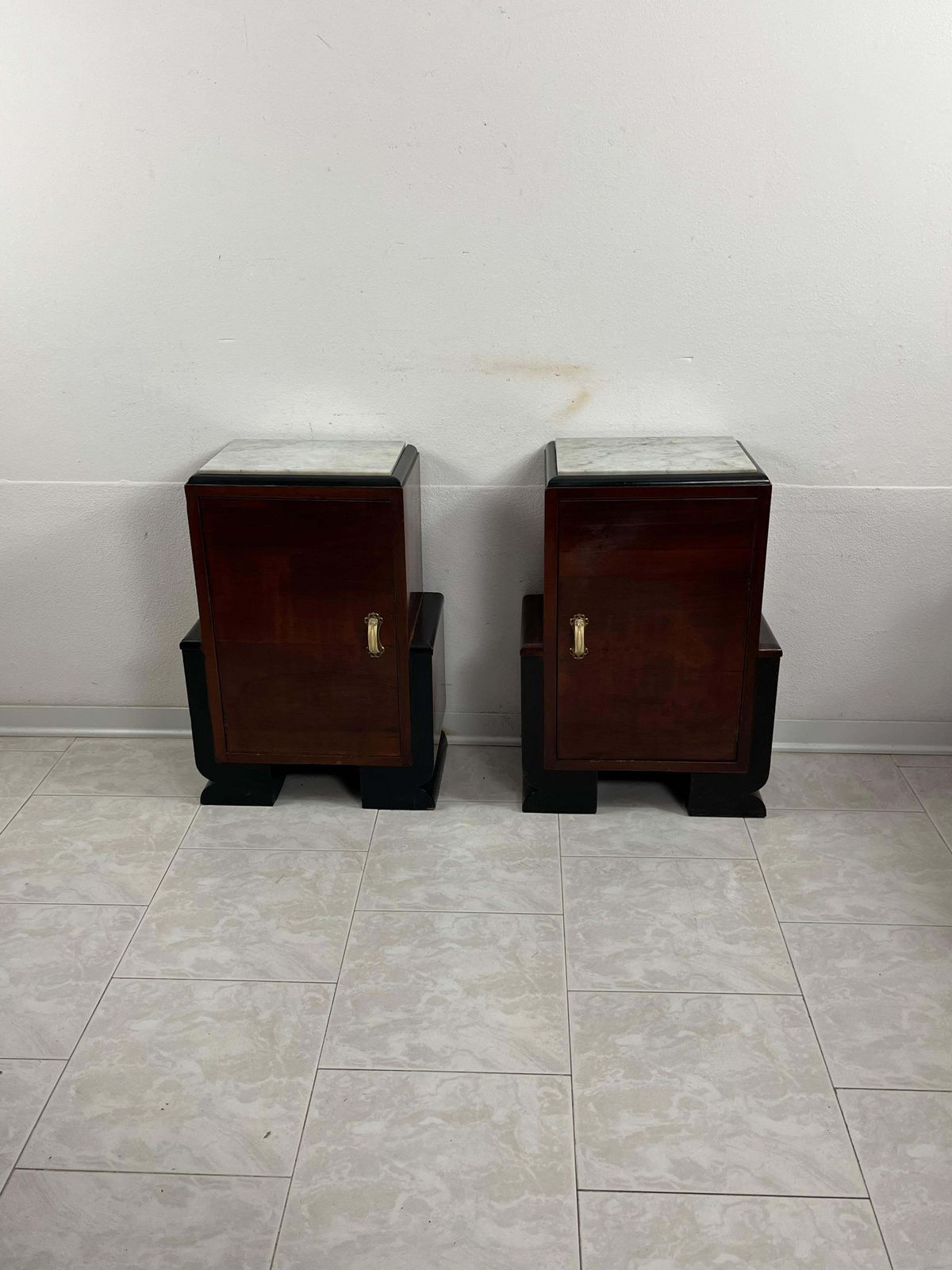 Set Of 2 Italian Art Deco Bedside Tables With Marble Top, 1930s photo for sale