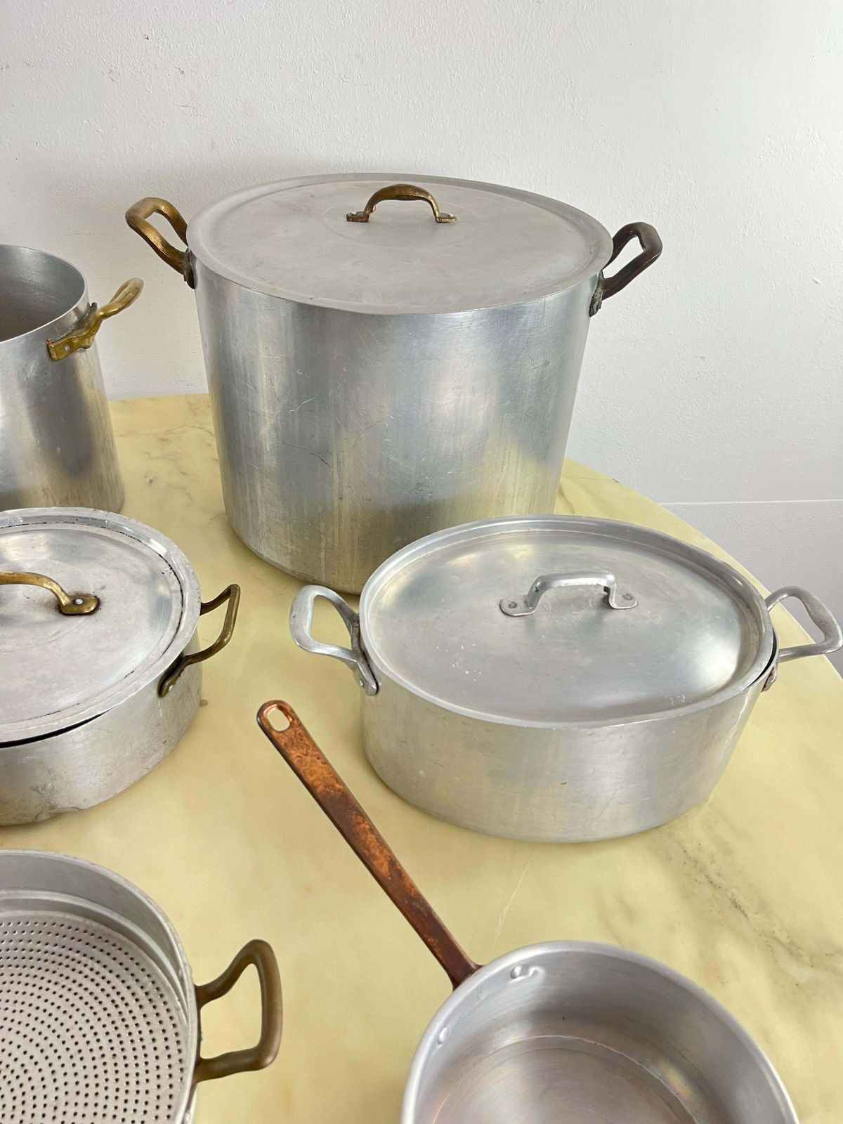 Set Of 7 Mid Century Aluminum And Copper Cooking Pots, Italian Production, 1930s photo for sale