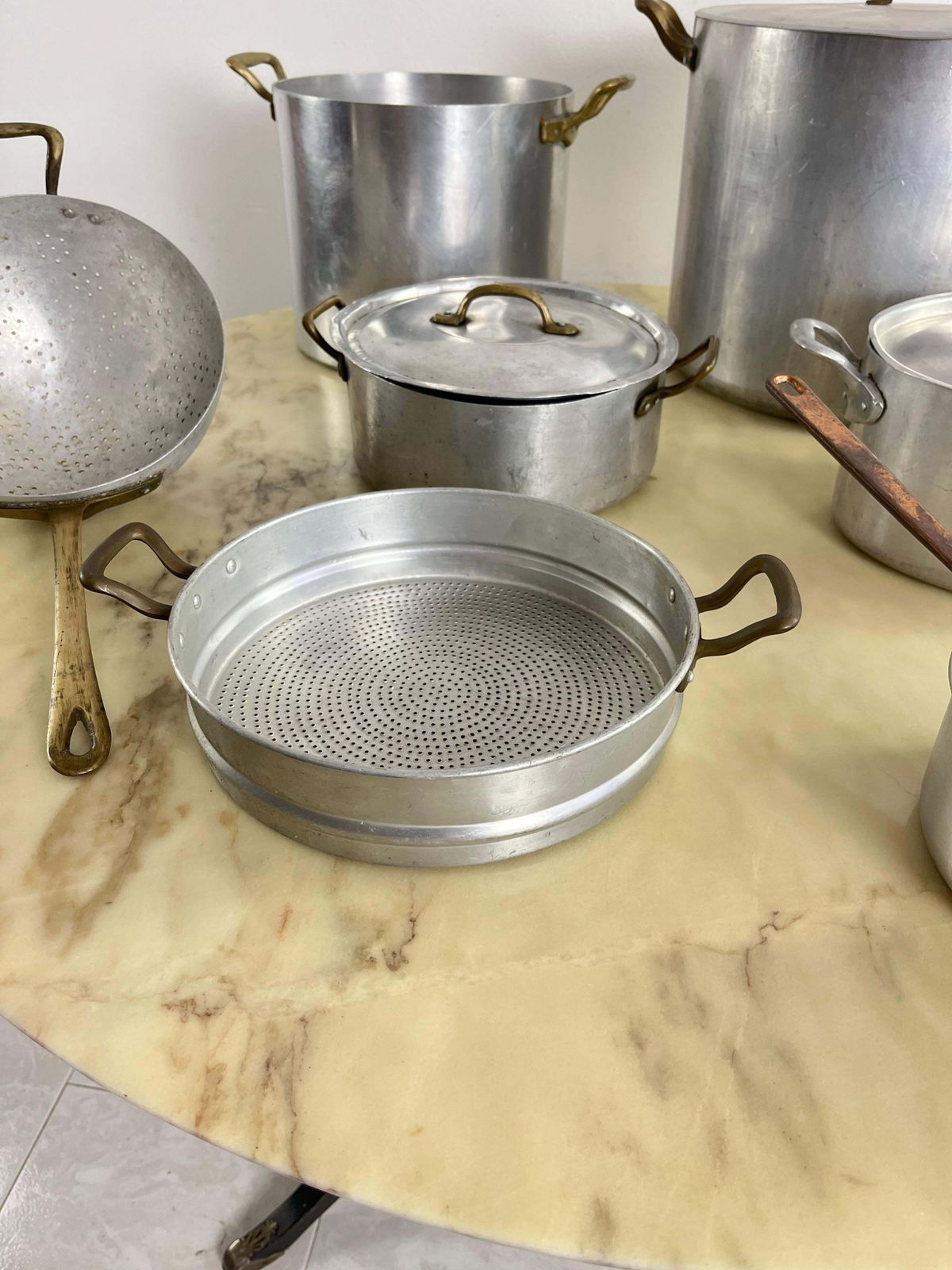 Set Of 7 Mid Century Aluminum And Copper Cooking Pots, Italian Production, 1930s photo 889.0