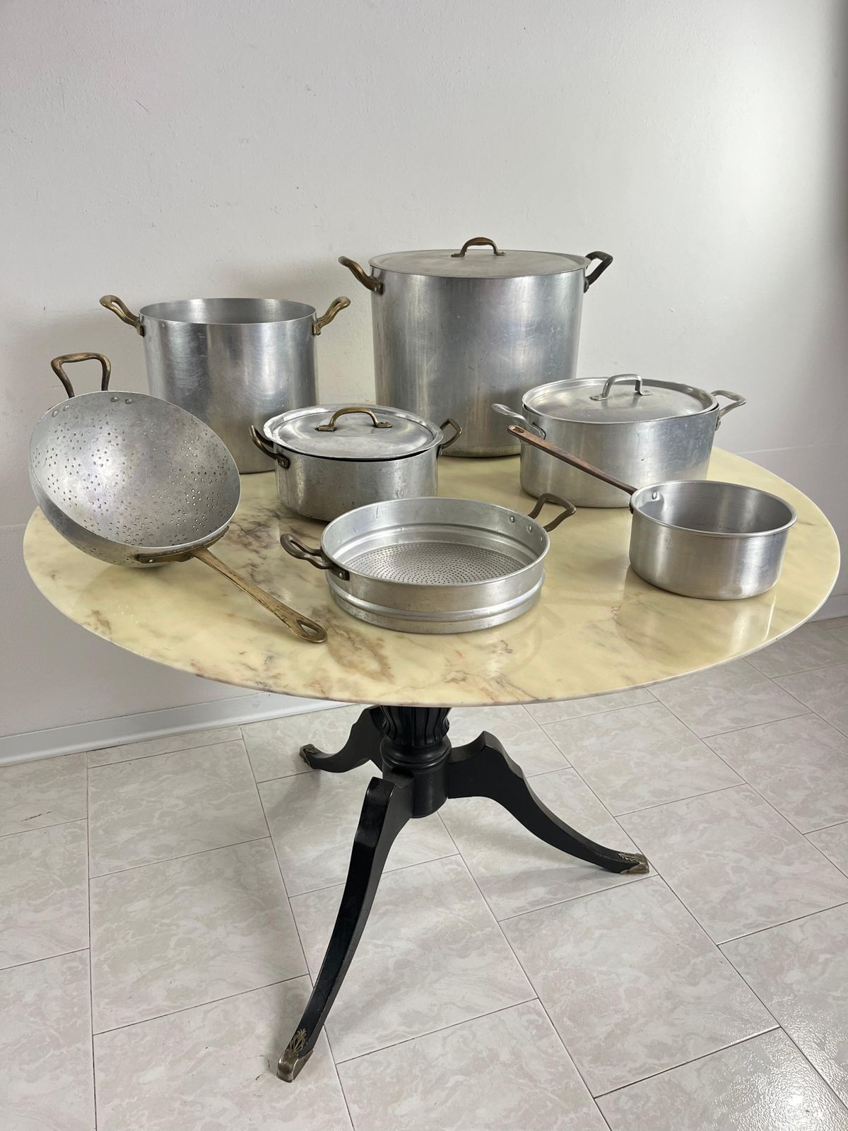 Set Of 7 Mid Century Aluminum And Copper Cooking Pots, Italian Production, 1930s photo buy