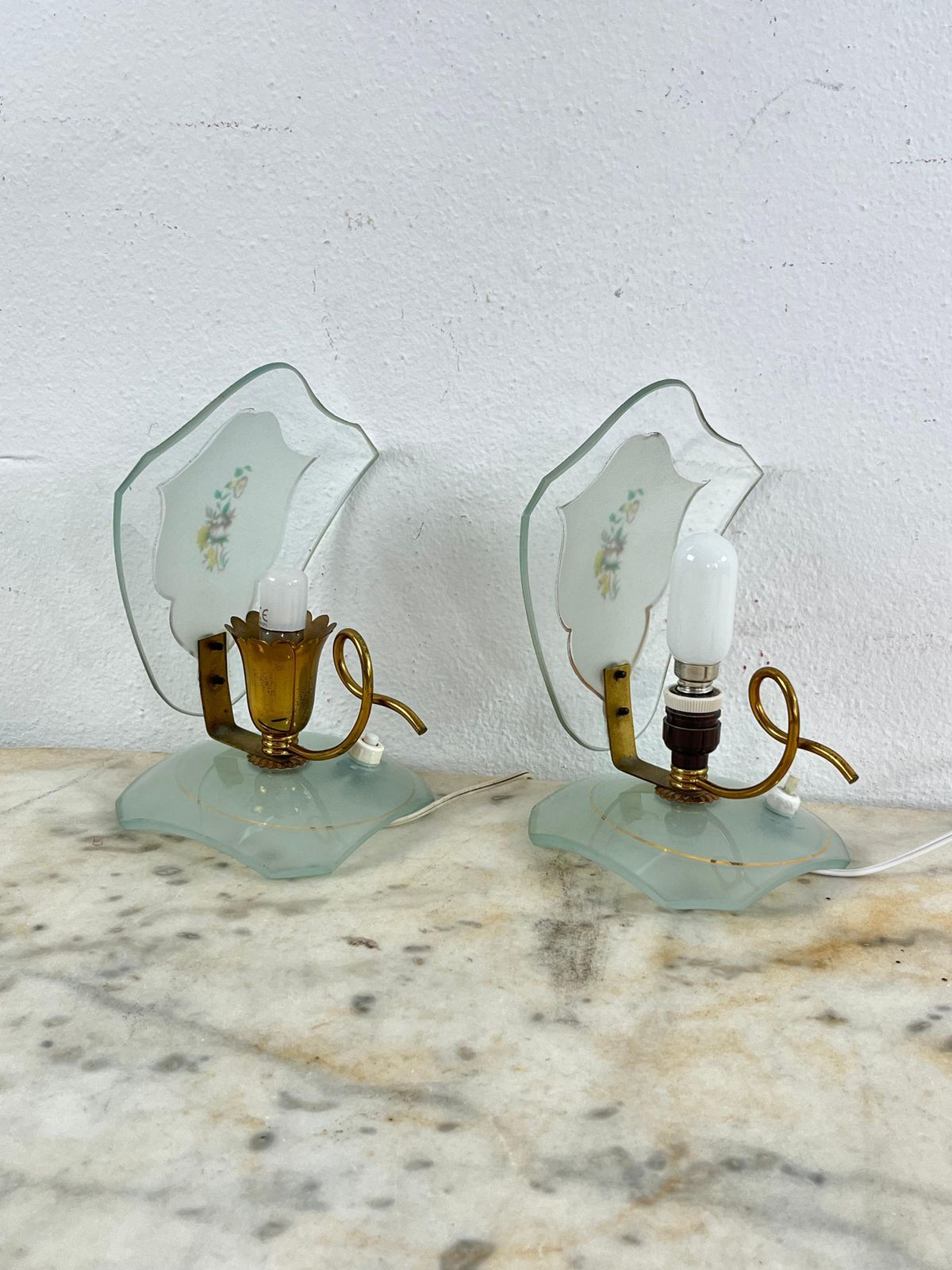 Set Of 2 Glass And Brass Bedside Lamps, In The Style Of Pietro Chiesa, 1950s photo buy