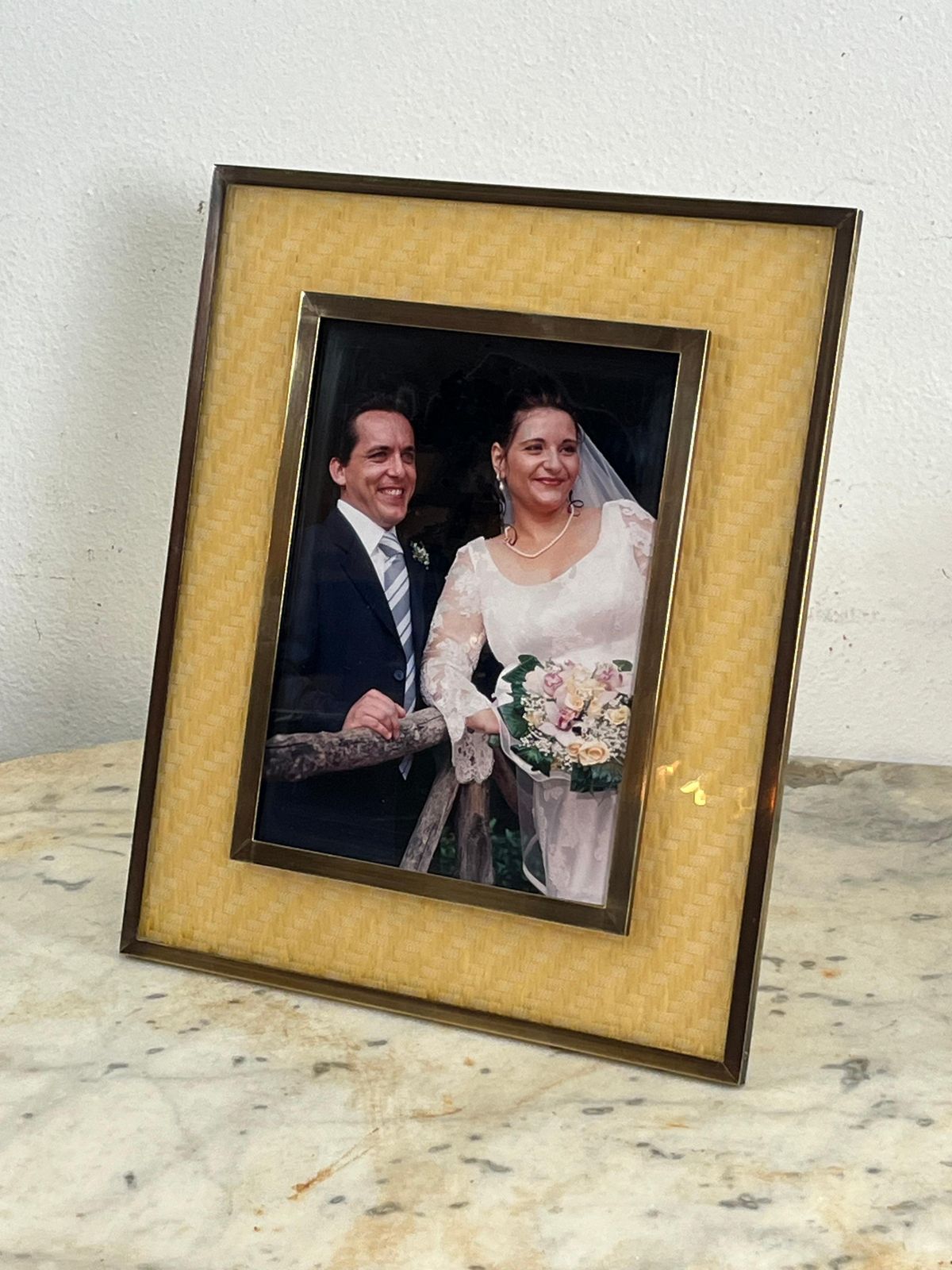 563.0 Large Mid Century Italian Rattan And Brass Photo Holder, 1960s photo