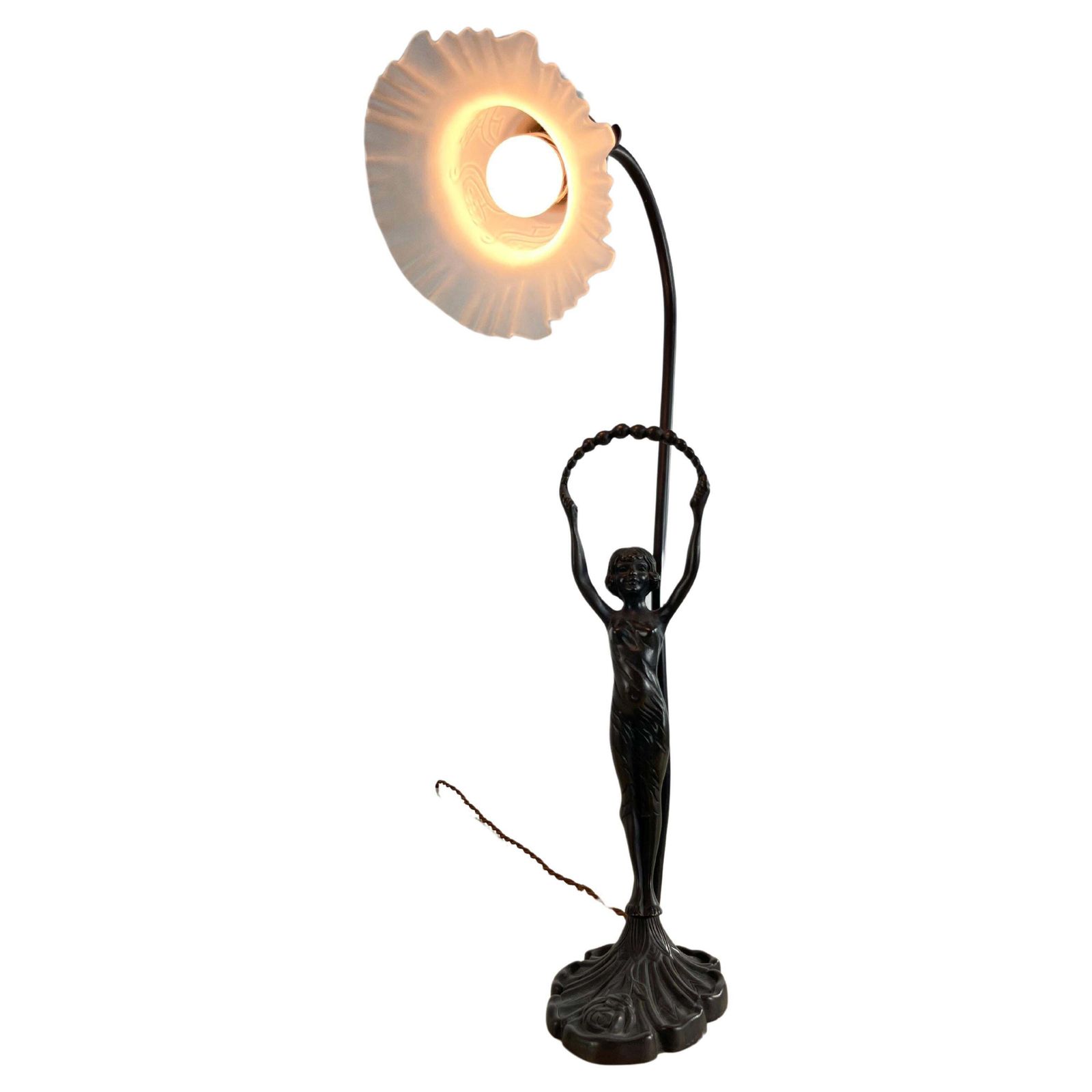 Table Lamp With Art Deco Bronze Statuette And White Art Glass Tulip Bowl 1940s