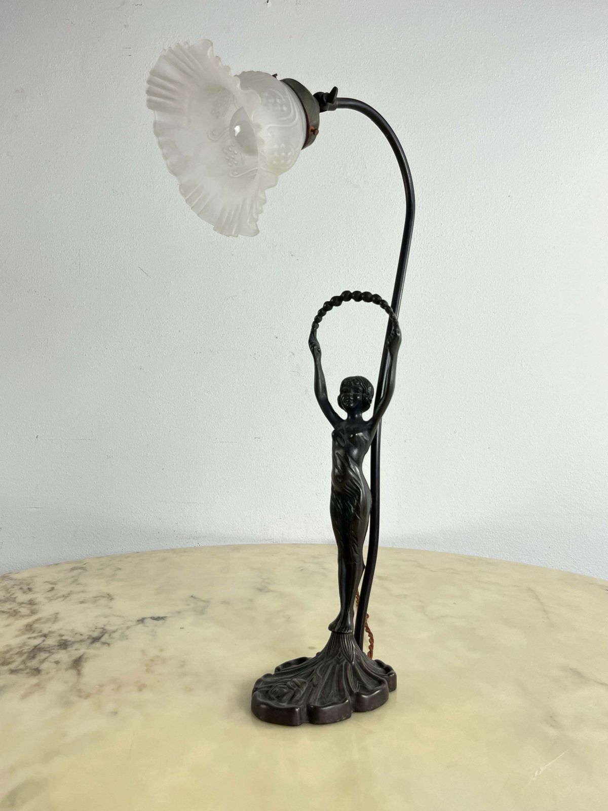 Table Lamp With Art Deco Bronze Statuette And White Art Glass Tulip Bowl 1940s photo furniture