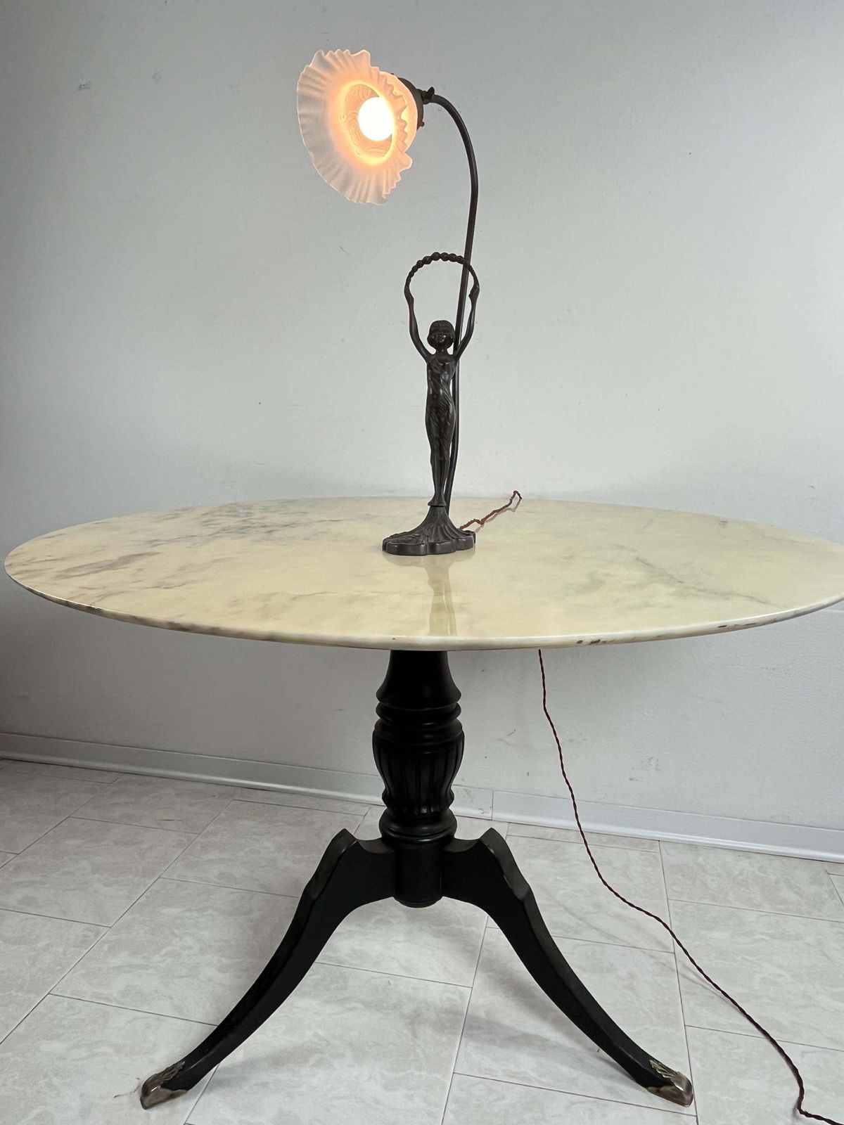 Table Lamp With Art Deco Bronze Statuette And White Art Glass Tulip Bowl 1940s photo Lighting
