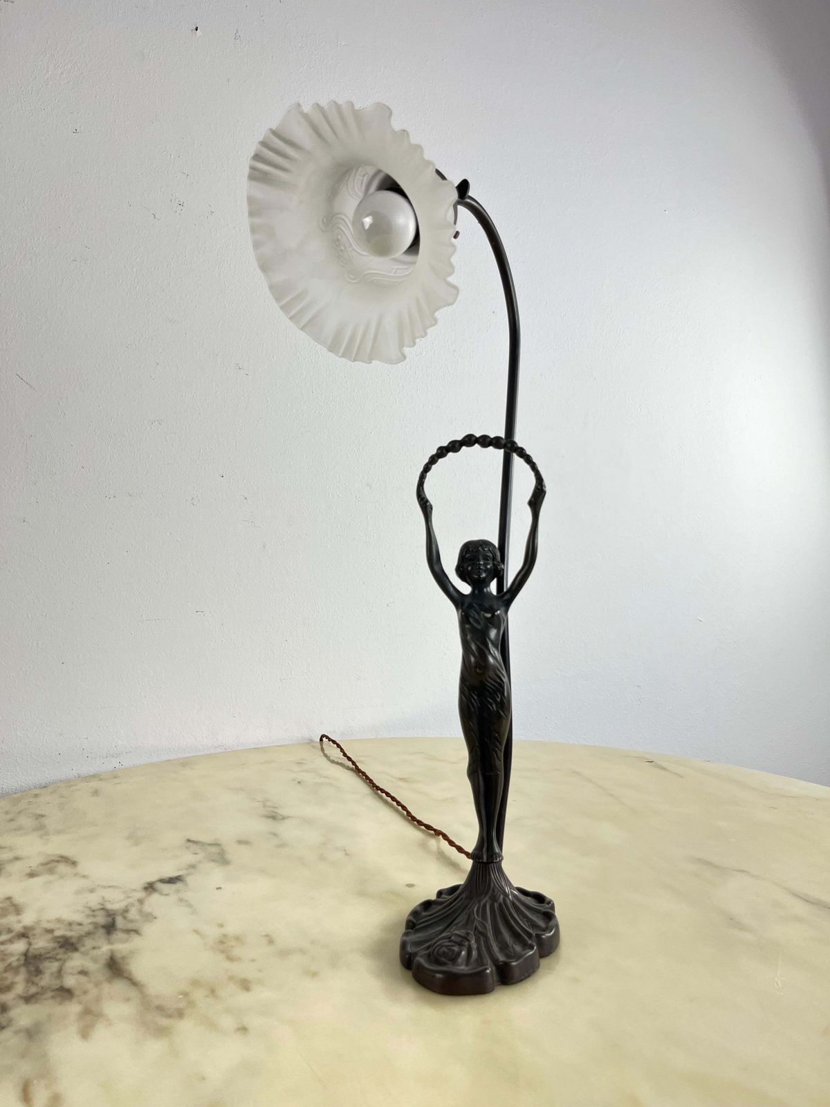 photo buy Table Lamp With Art Deco Bronze Statuette And White Art Glass Tulip Bowl 1940s