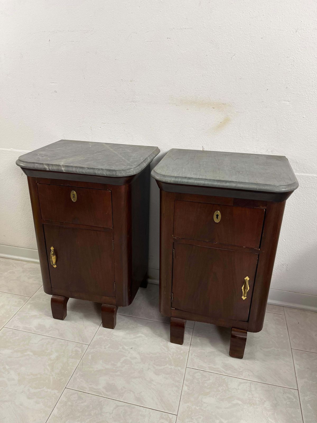 photo for sale Set Of 2 Little Mid Century Italian Gray Marble Top Nightstands, 1940s