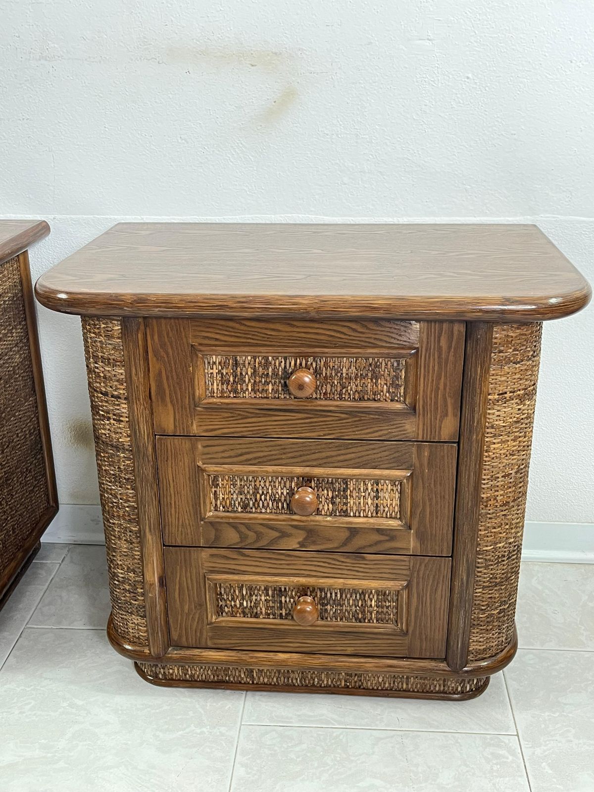 Set Of 2 Wood And Rattan Bedside Tables, Made In Italy 1970s photo vinterior